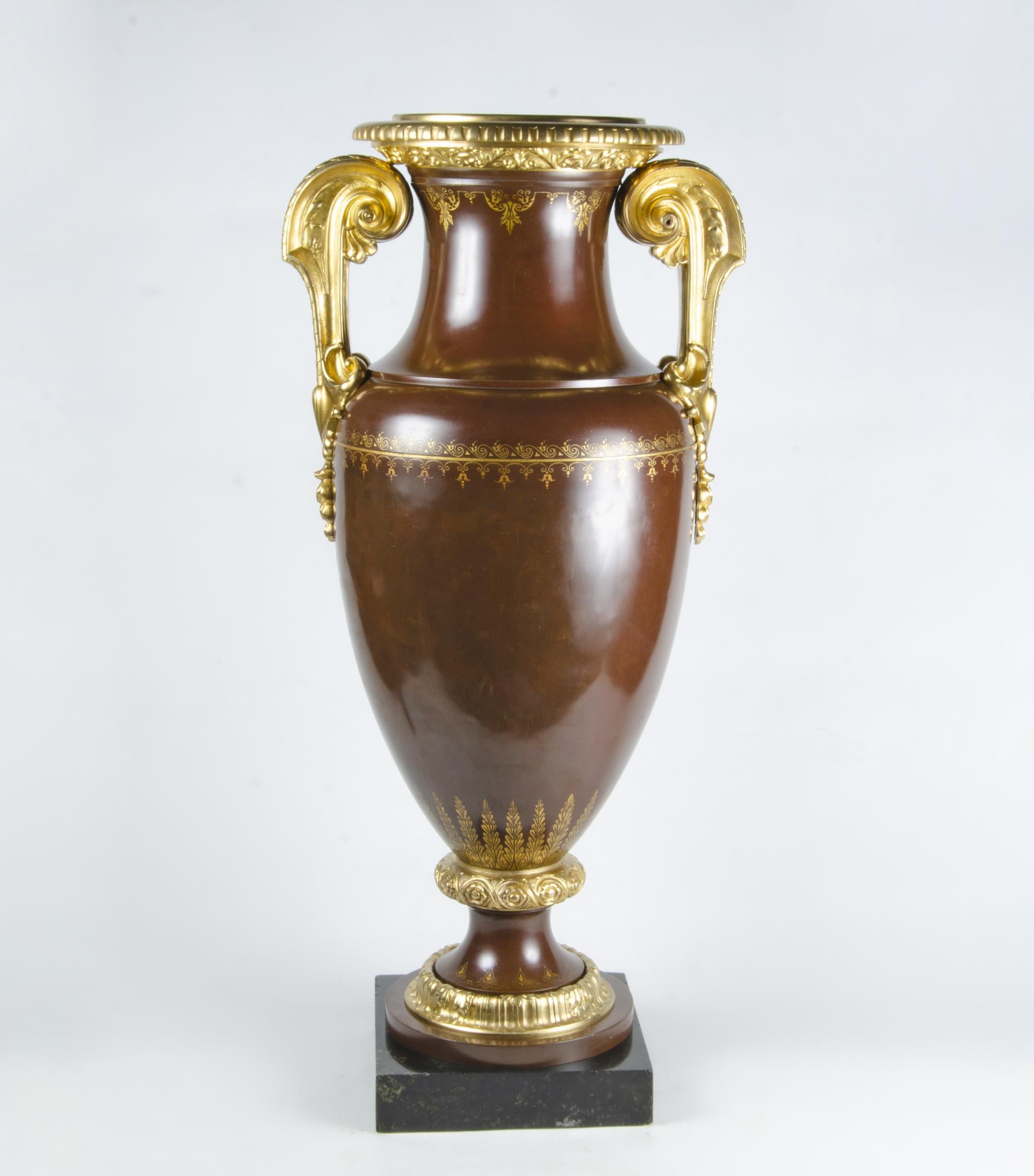 19th Century French Neoclassical Ormolu Amphora/Urn with Bacchanalia Motif by F. Barbedienne For Sale