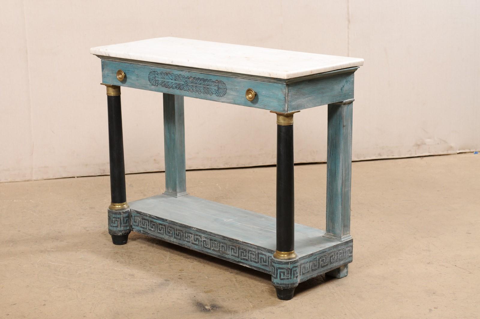 French Neoclassical Painted Console W/Greek Key Motif, Marble Top, & Long Drawer 5