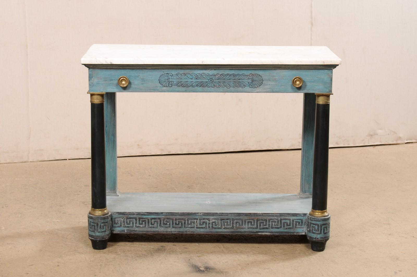 French Neoclassical Painted Console W/Greek Key Motif, Marble Top, & Long Drawer 6