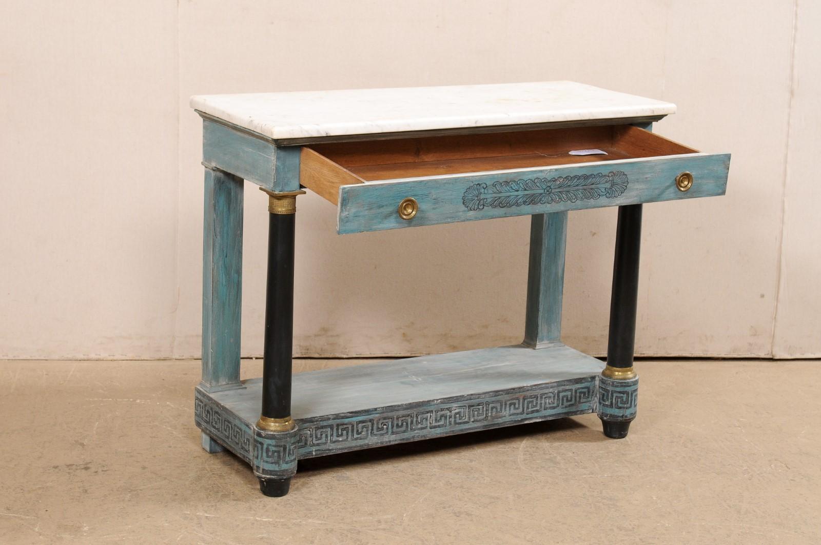 19th Century French Neoclassical Painted Console W/Greek Key Motif, Marble Top, & Long Drawer