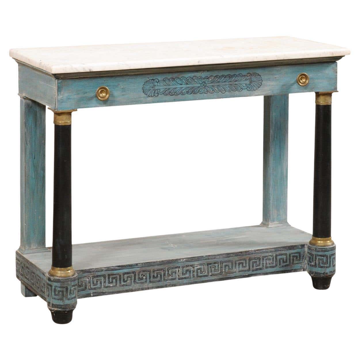 French Neoclassical Painted Console W/Greek Key Motif, Marble Top, and ...