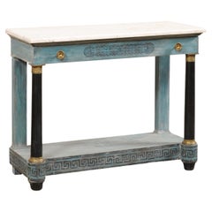 French Neoclassical Painted Console W/Greek Key Motif, Marble Top, & Long Drawer