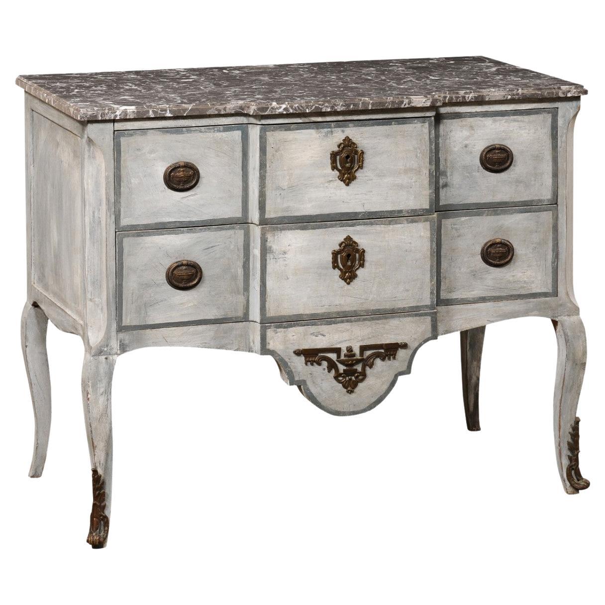 French Neoclassical Painted Wood Breakfront Raised Chest w/Marble Top 19th C.