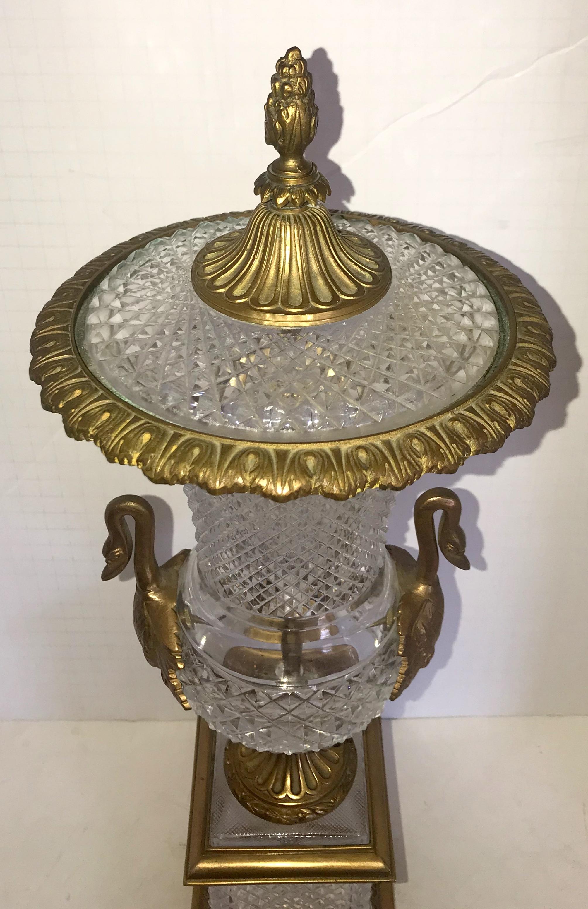 Faceted French Neoclassical Pair of Bronze Crystal Empire Ormolu Urn Swan Handle