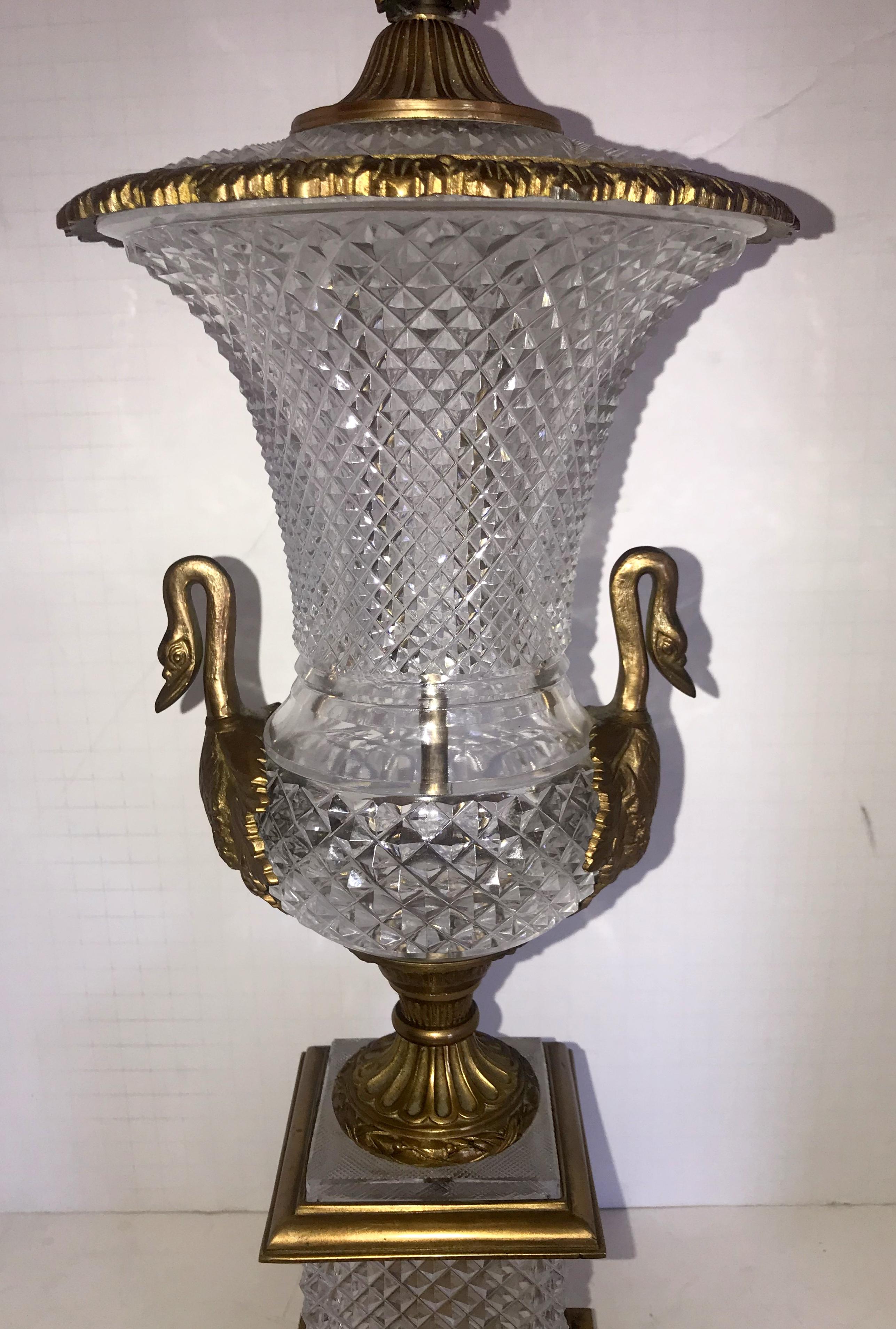French Neoclassical Pair of Bronze Crystal Empire Ormolu Urn Swan Handle In Good Condition In Roslyn, NY