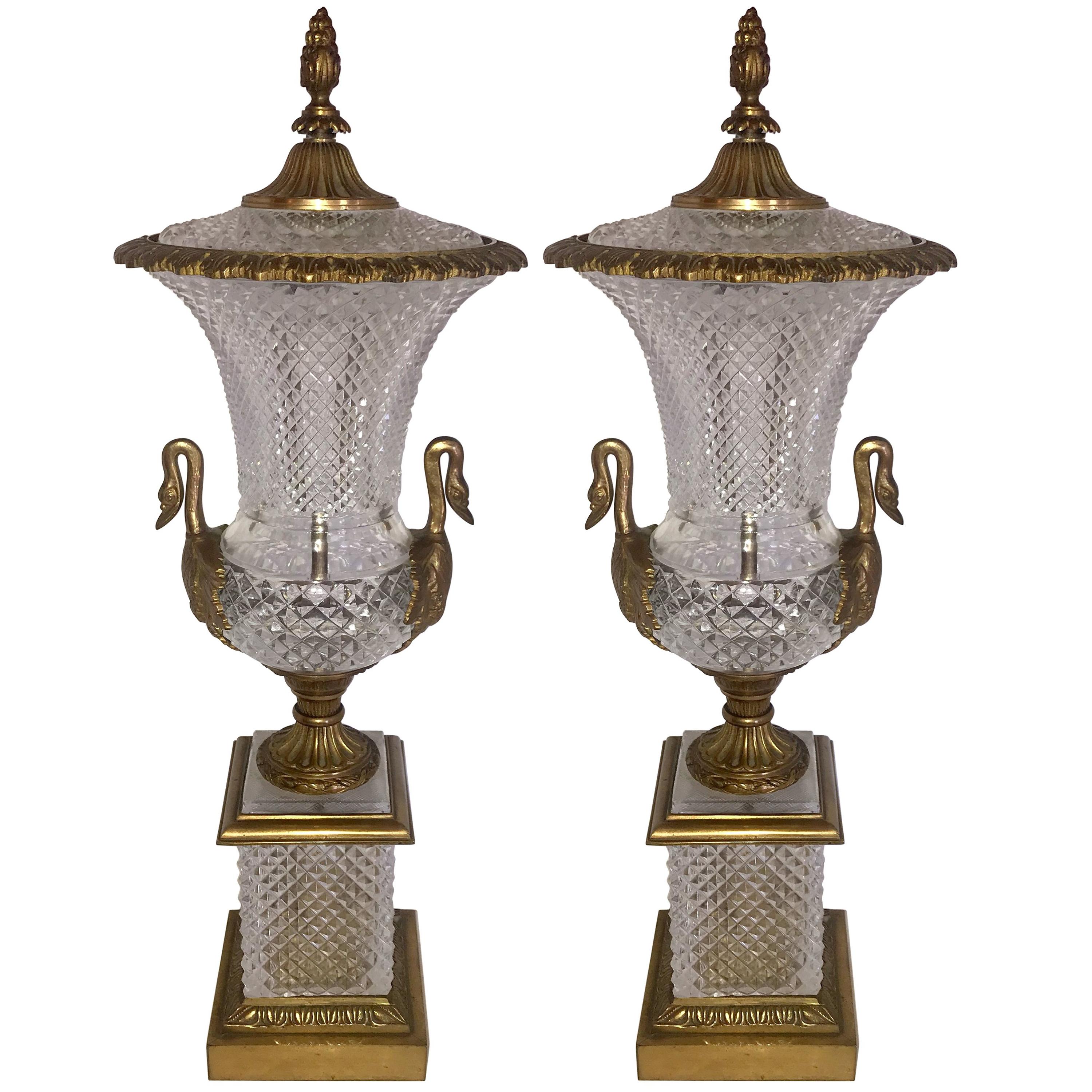 French Neoclassical Pair of Bronze Crystal Empire Ormolu Urn Swan Handle