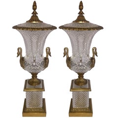Antique French Neoclassical Pair of Bronze Crystal Empire Ormolu Urn Swan Handle