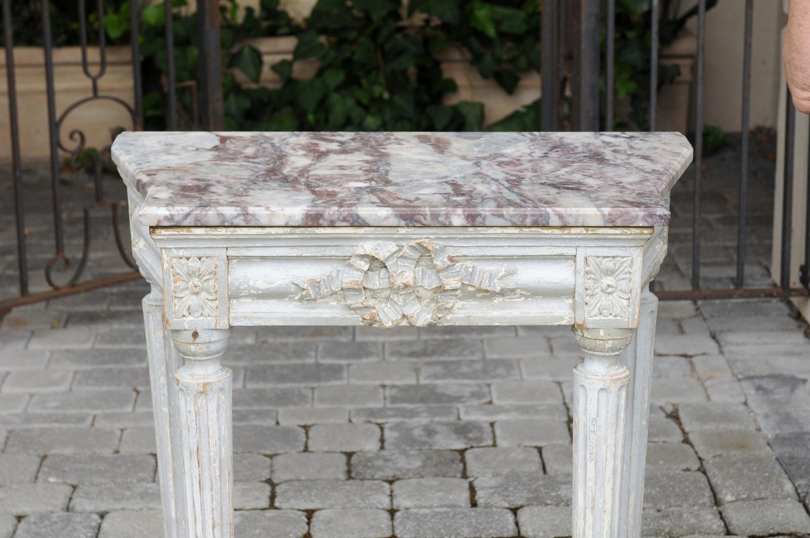 French Neoclassical Period 1800s Painted Wood Console Table with Marble Top For Sale 7