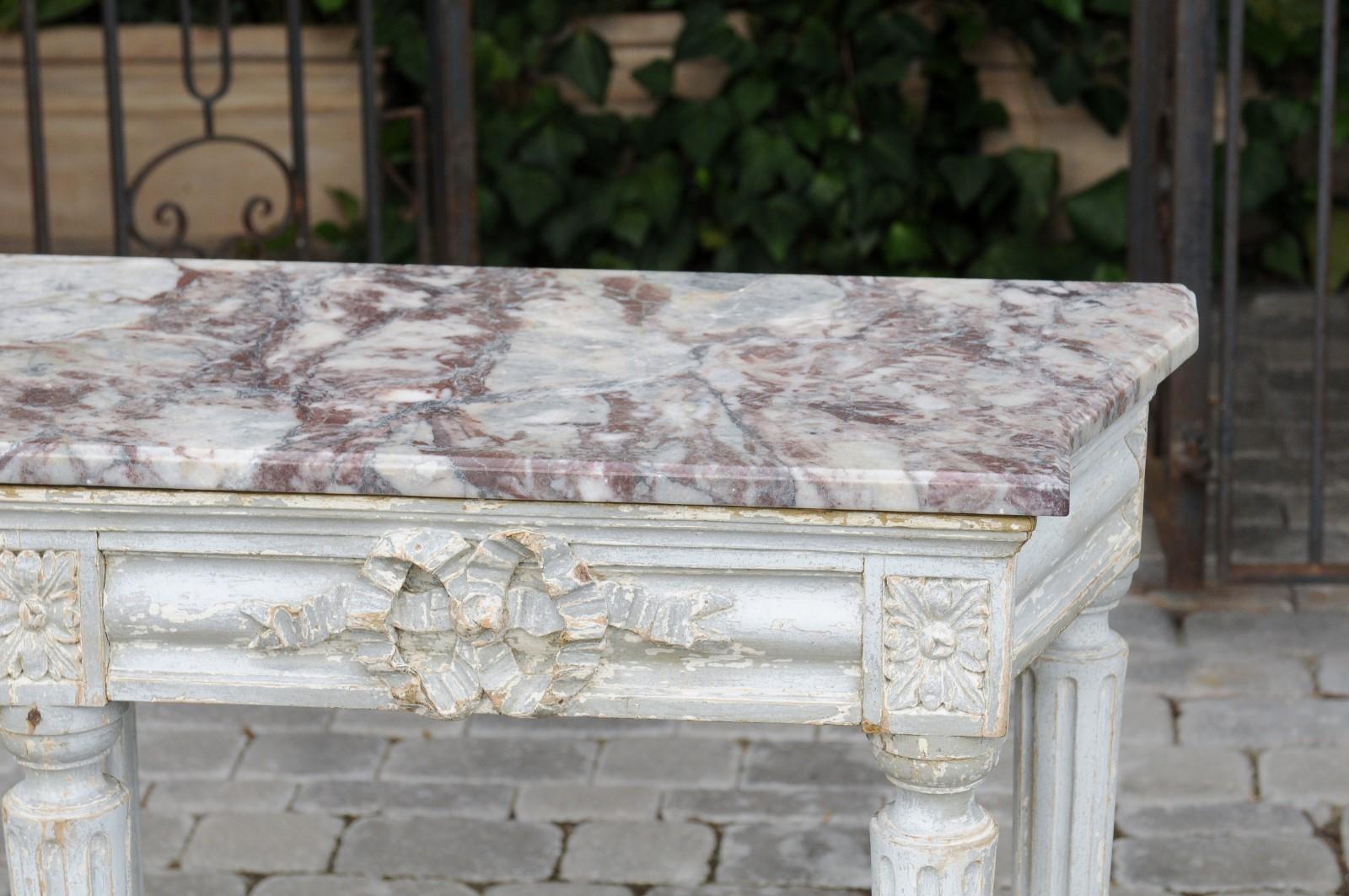 French Neoclassical Period 1800s Painted Wood Console Table with Marble Top For Sale 10