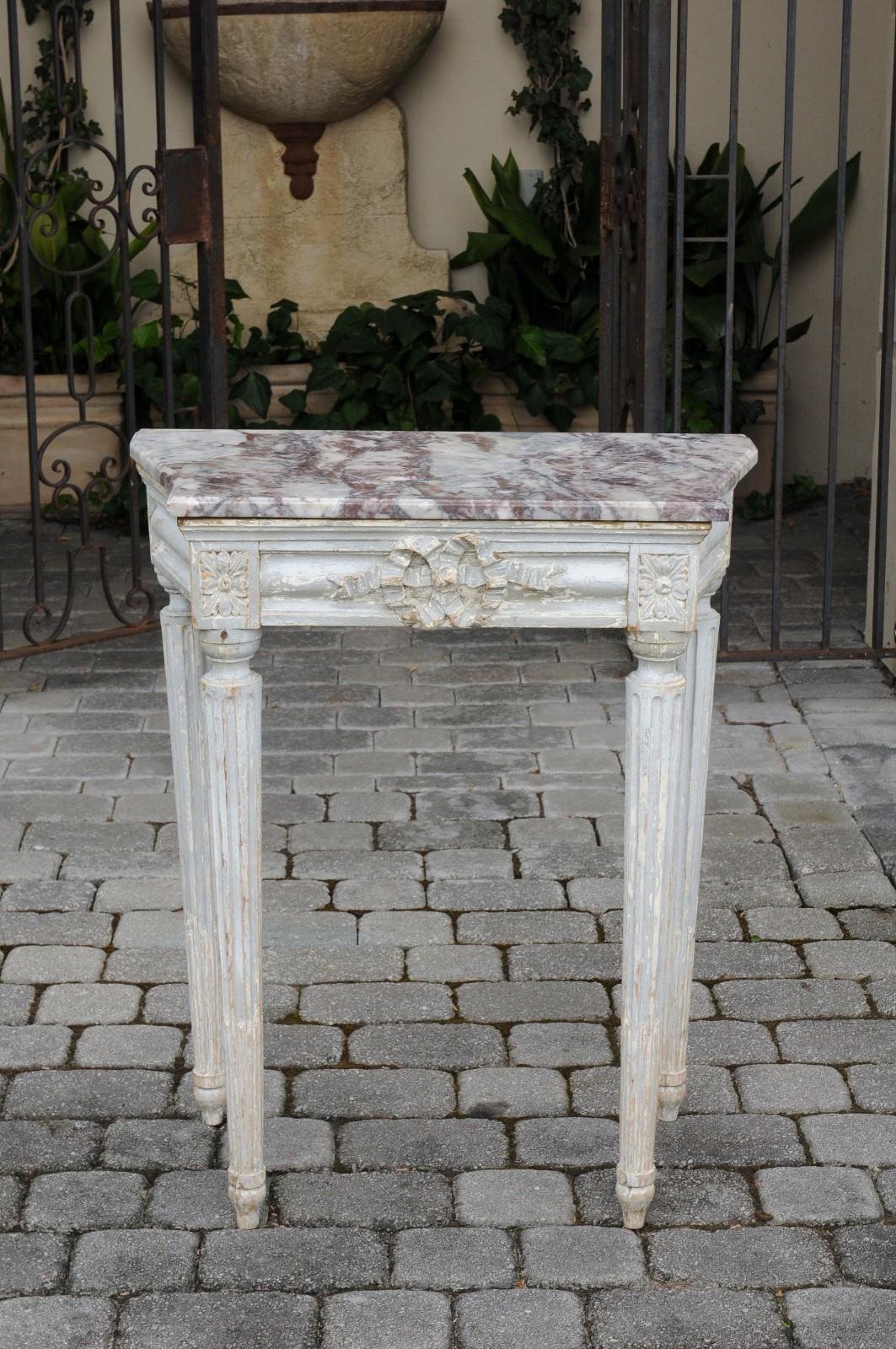 French Neoclassical Period 1800s Painted Wood Console Table with Marble Top For Sale 11