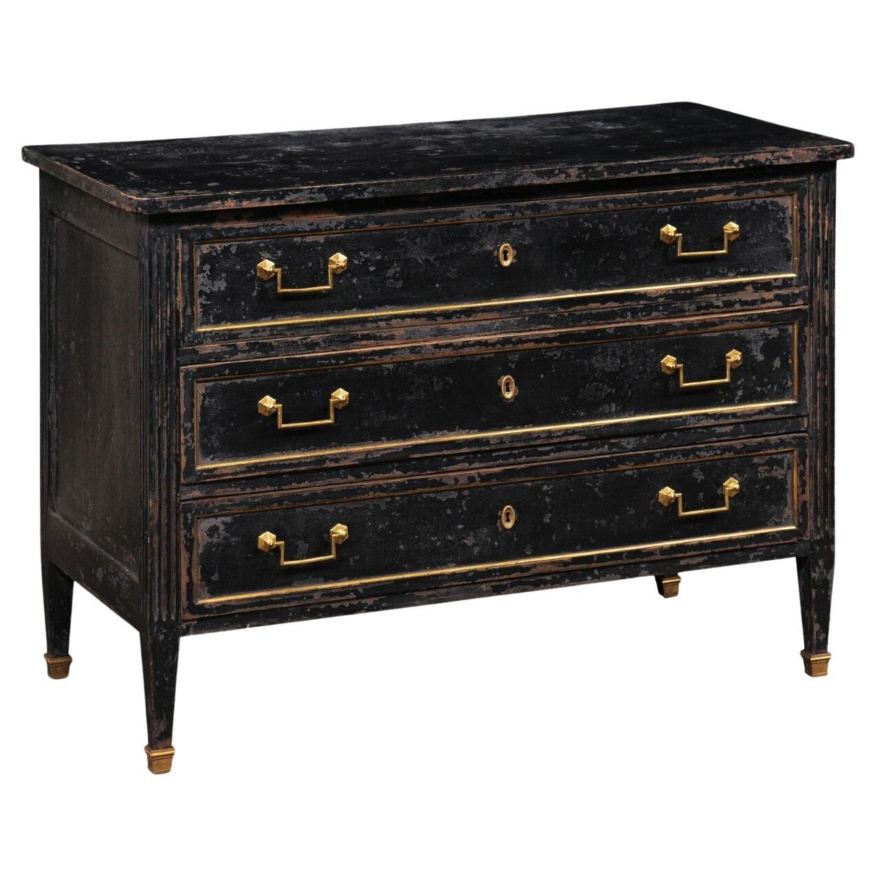 French Neoclassical Period 3-Drawer Chest, Black w/Brass Accents