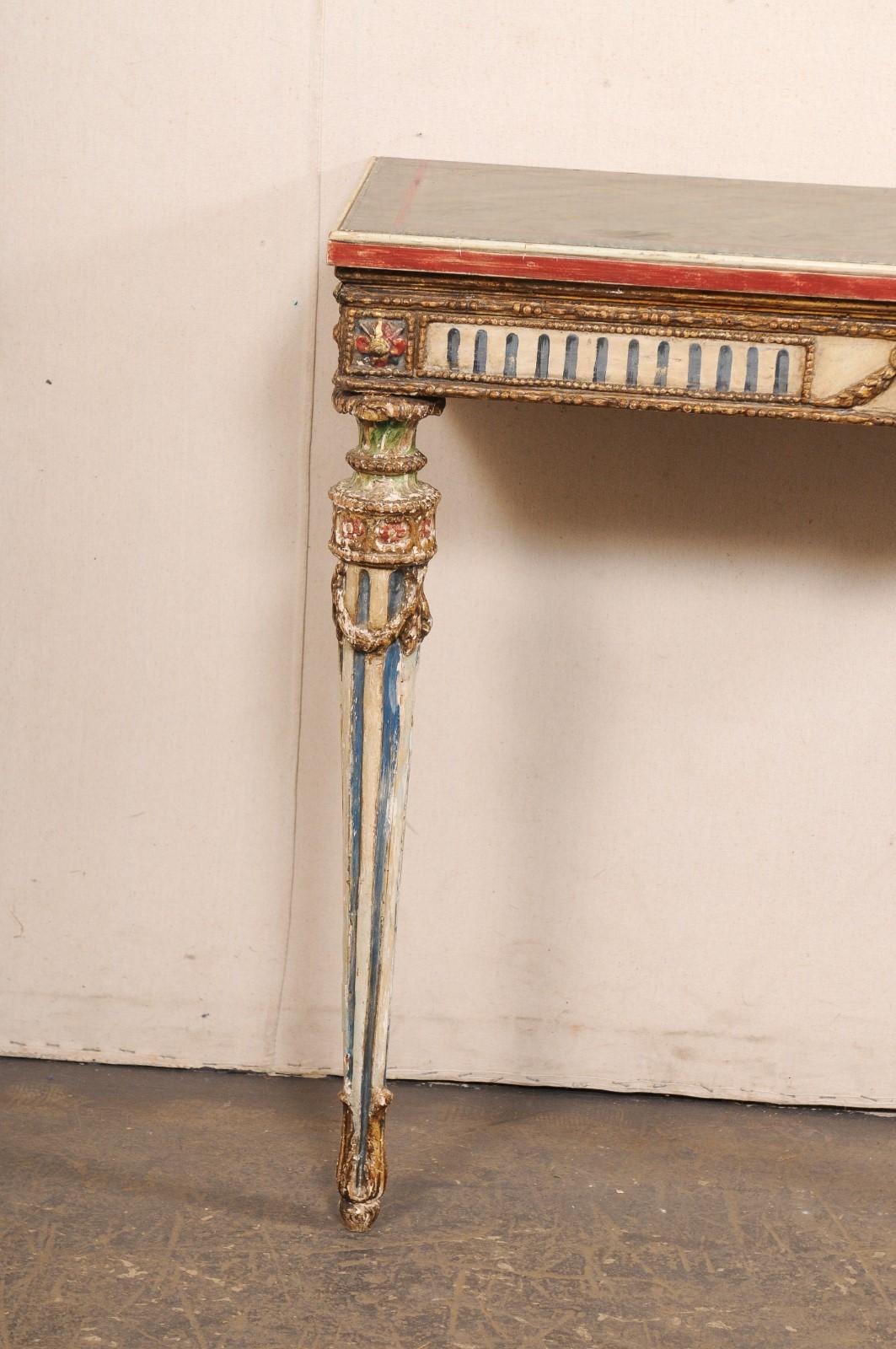 French Neoclassical Period Wall-Mounted Petite 2-Leg Console w/Great Colors In Good Condition For Sale In Atlanta, GA