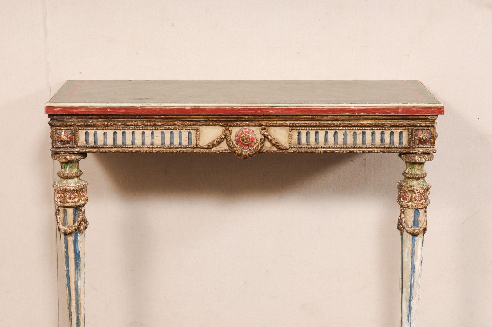 19th Century French Neoclassical Period Wall-Mounted Petite 2-Leg Console w/Great Colors For Sale