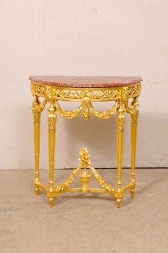 French Neoclassical Petite-Sized Carved & Gilt Wood Console W/Marble Top
