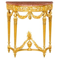 French Neoclassical Petite-Sized Carved & Gilt Wood Console W/Marble Top