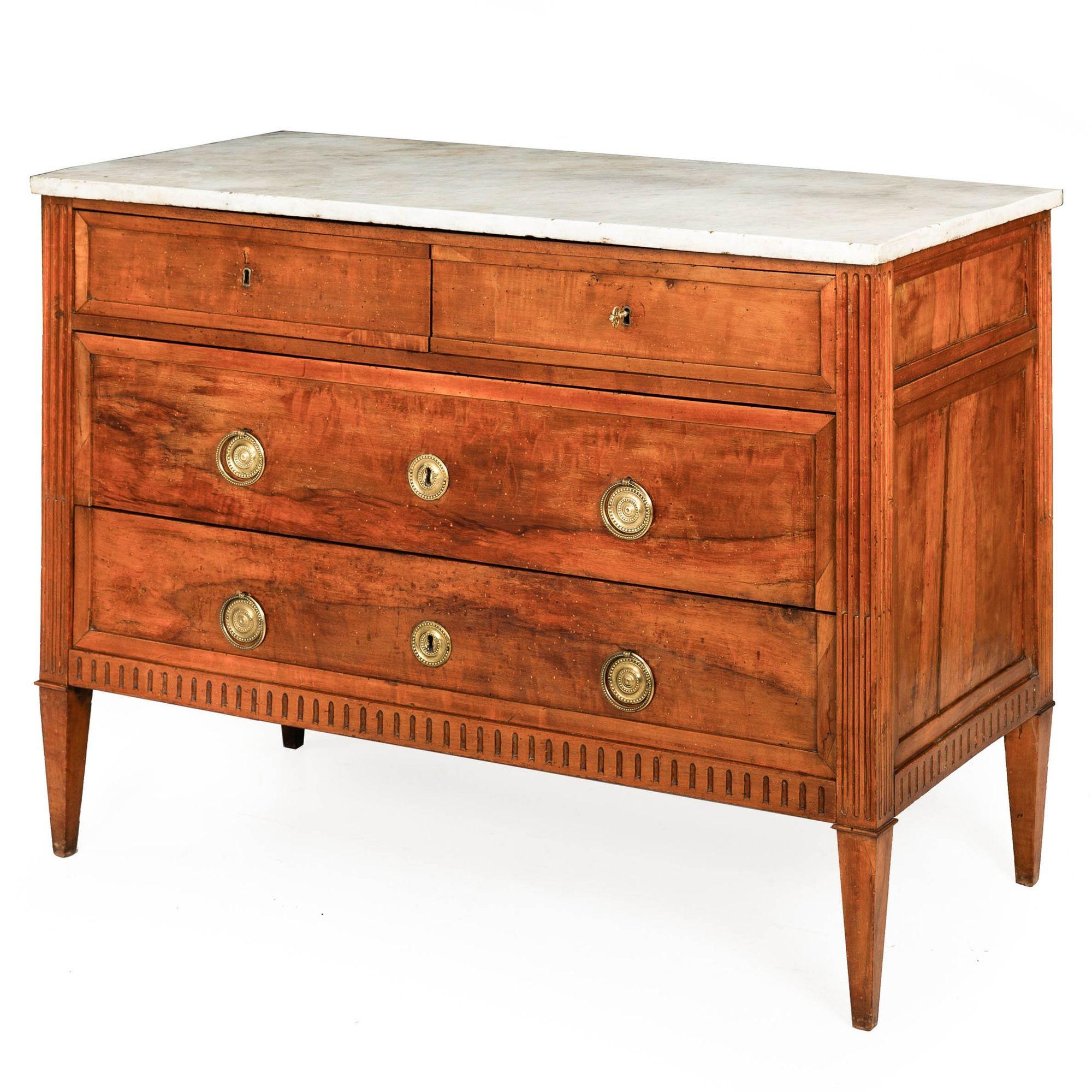 DIRECTOIRE PERIOD PROVINCIAL FRUITWOOD COMMODE
France, circa 1800  with Cararra marble top
Item # 307JYR13Q 

A beautifully worn and patinated commode from the first years of the 19th century, this Directoire chest of drawers features a fantastic