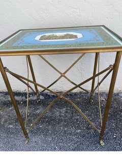French Neoclassical Eglomise Side Table with Brass Frame, 1950s