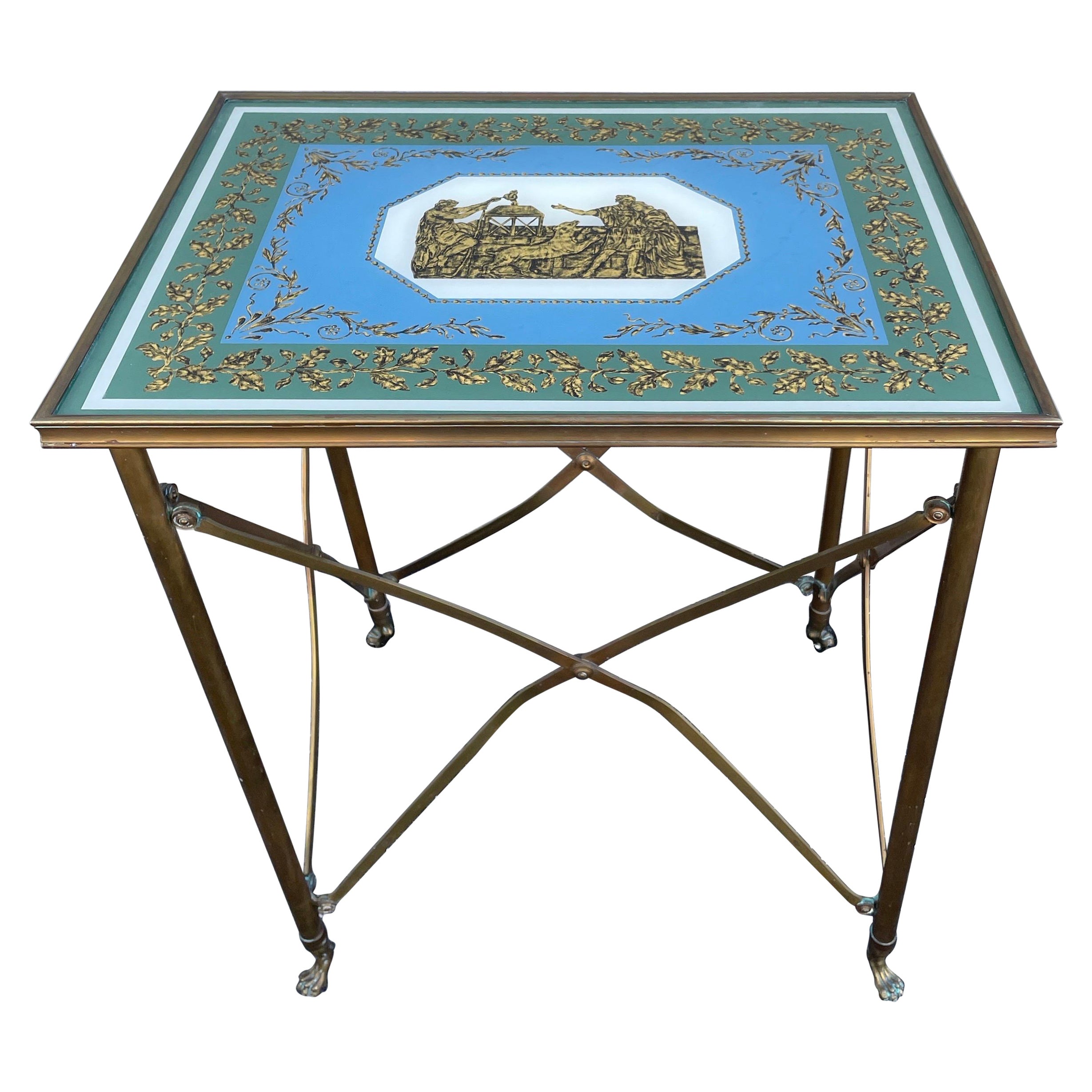French Neoclassical Rare Eglomise Campaign Style Side Table For Sale