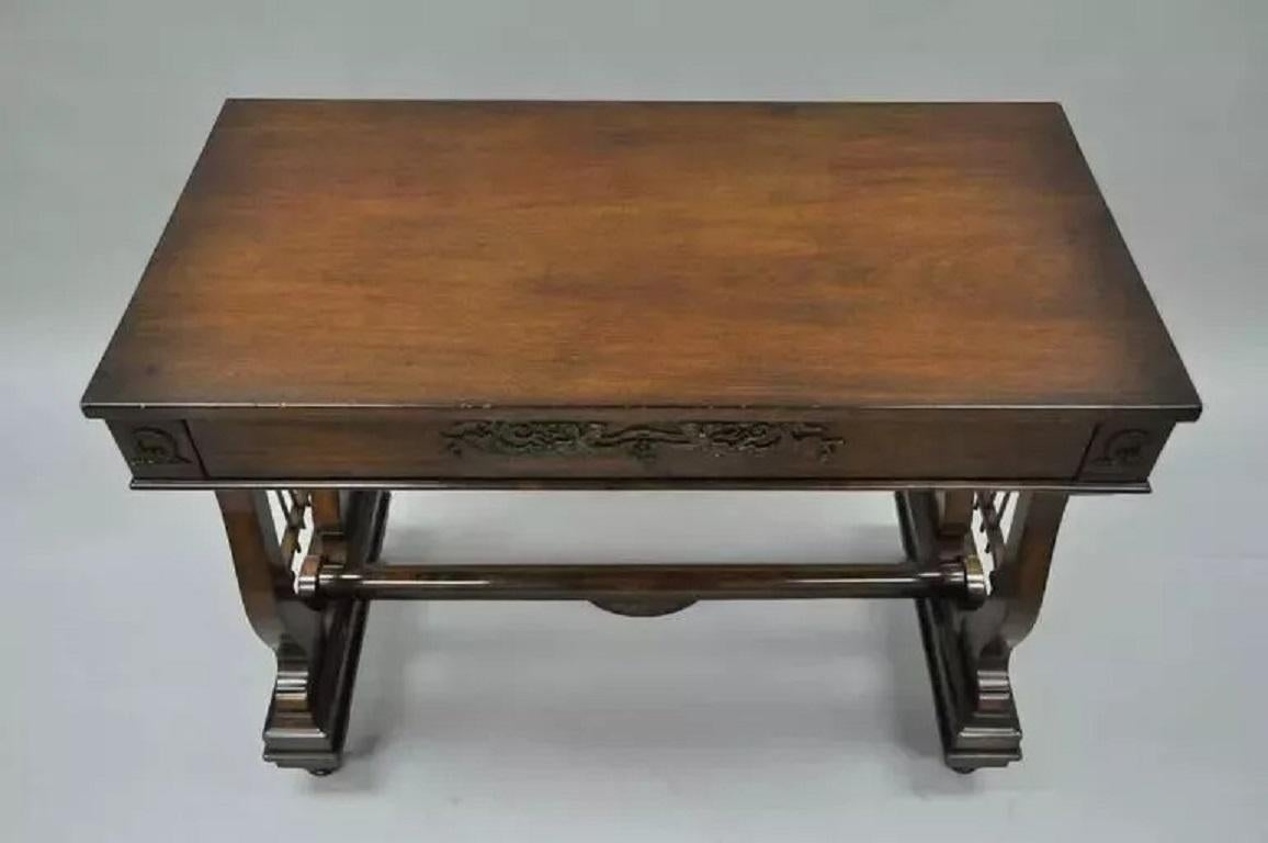 French Neoclassical Regency Style Mahogany One-Drawer Lyre Desk Console Table For Sale 1