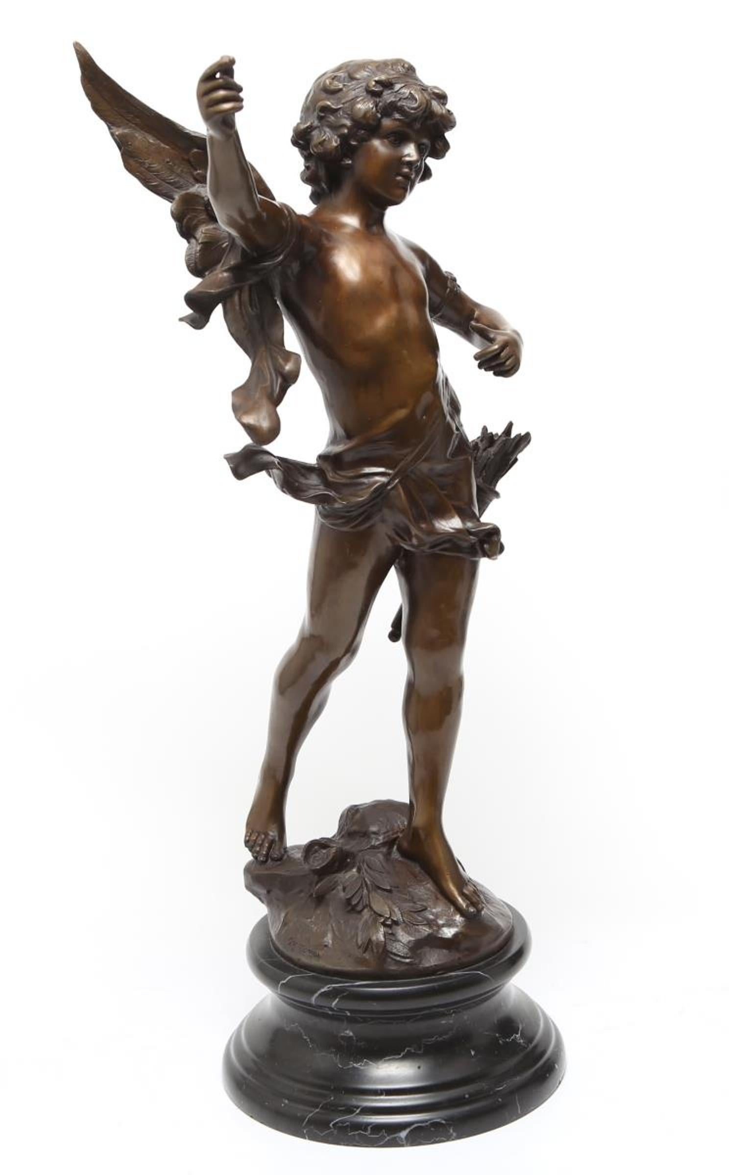 French neoclassical revival 'Cupidon' bronze sculpture after French artist Auguste Moreau (1834-1917), depicting the winged god of love with quiver of arrows on a laurel leaf base, atop a shaped black marble base. The sculpture itself was never cast