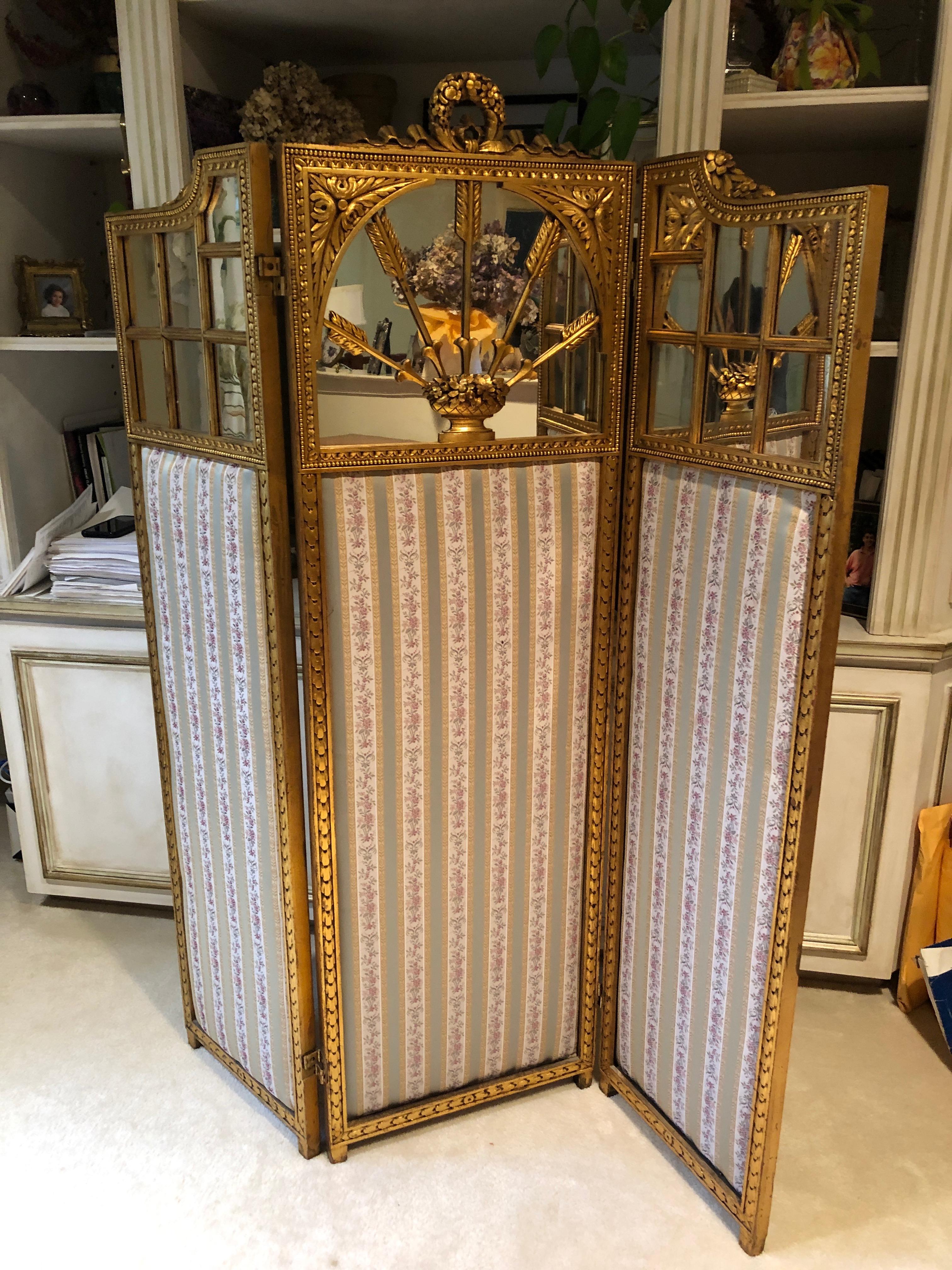 French Neoclassical Revival Giltwood Mirror and Upholstered 3-Panel Screen For Sale 2