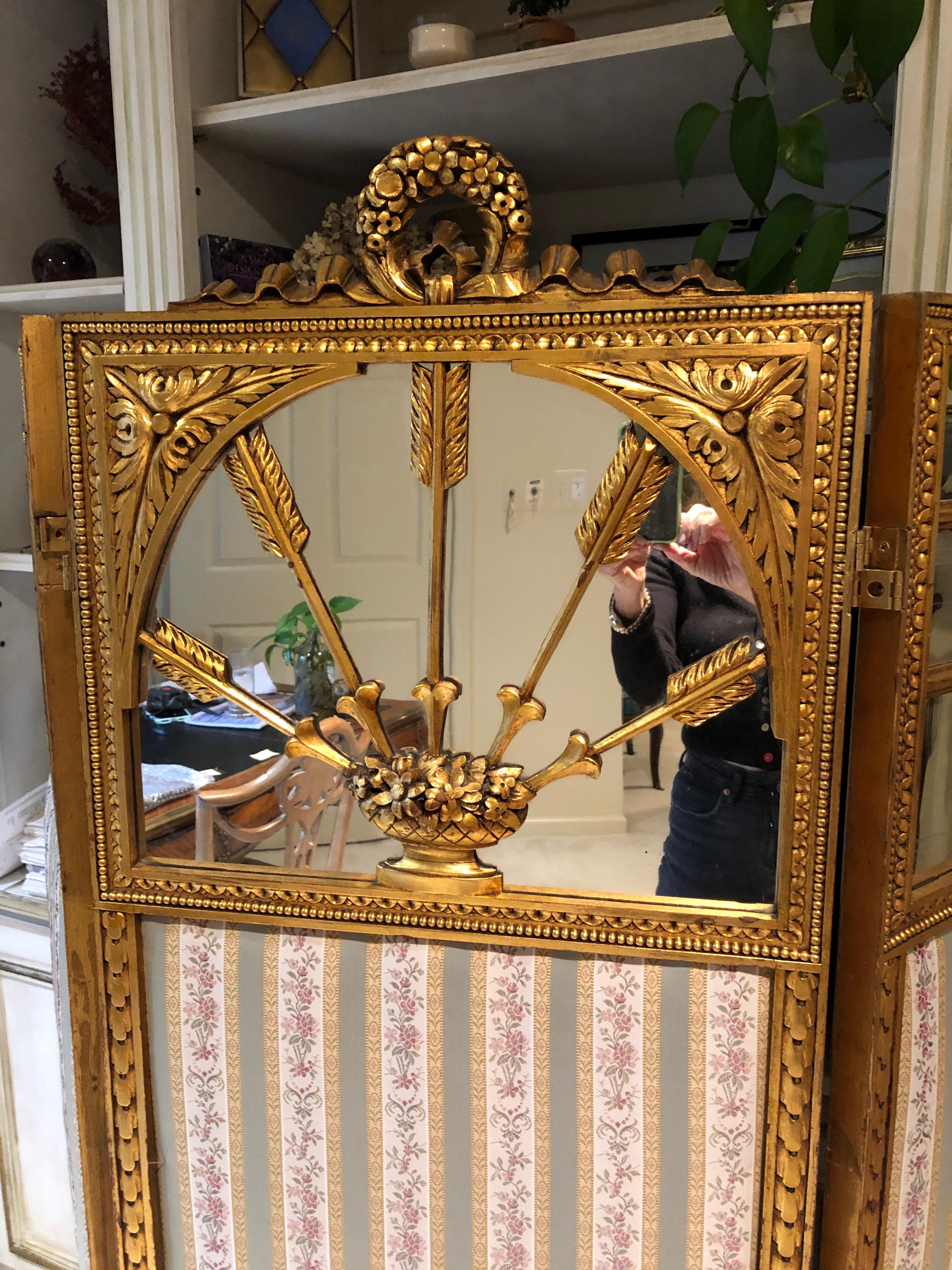 French Neoclassical Revival Giltwood Mirror and Upholstered 3-Panel Screen For Sale 3