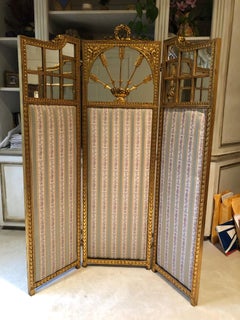 French Neoclassical Revival Giltwood Mirror and Upholstered 3-Panel Screen