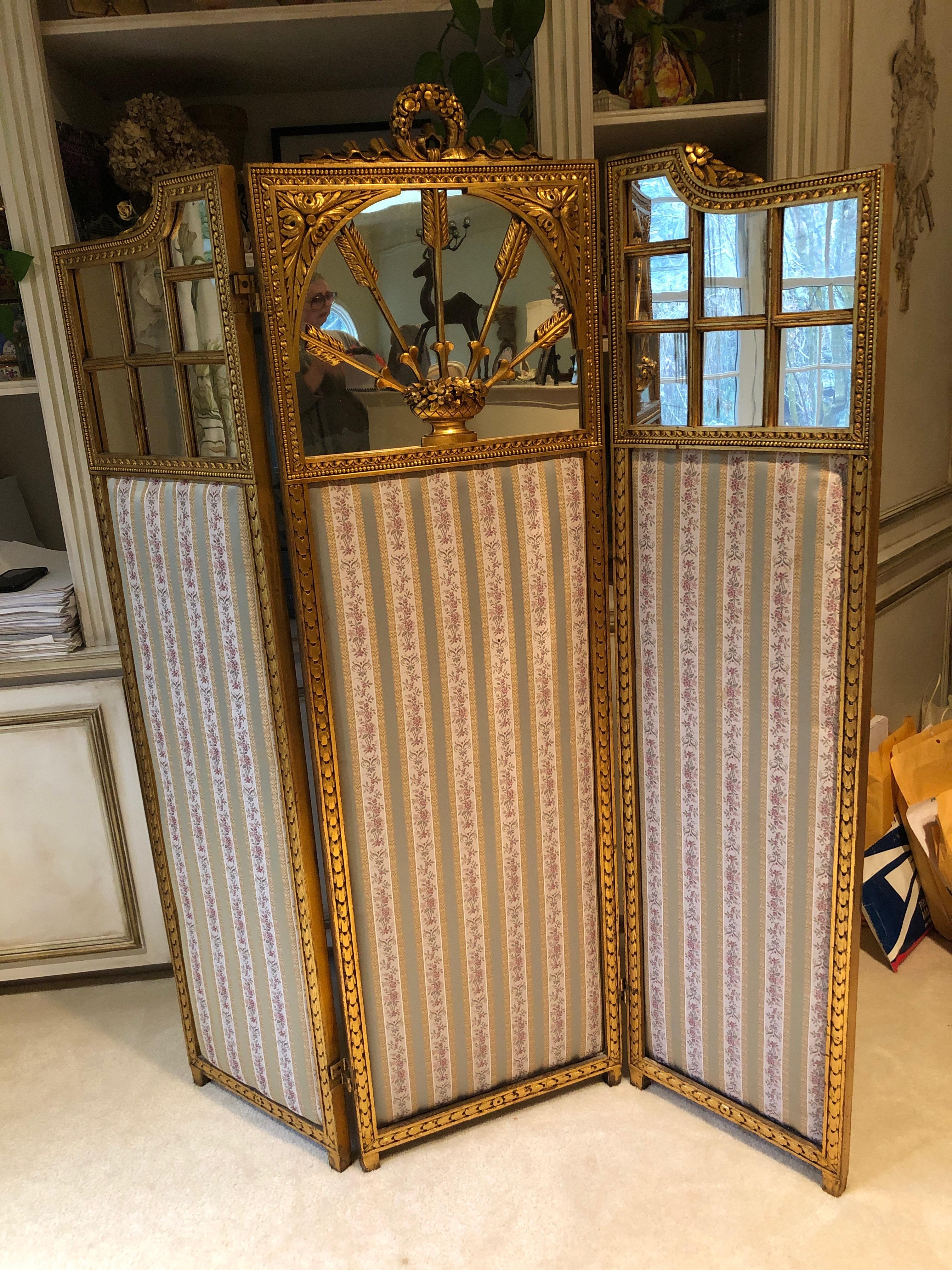 Upholstery French Neoclassical Revival Giltwood Mirror and Upholstered 3-Panel Screen For Sale