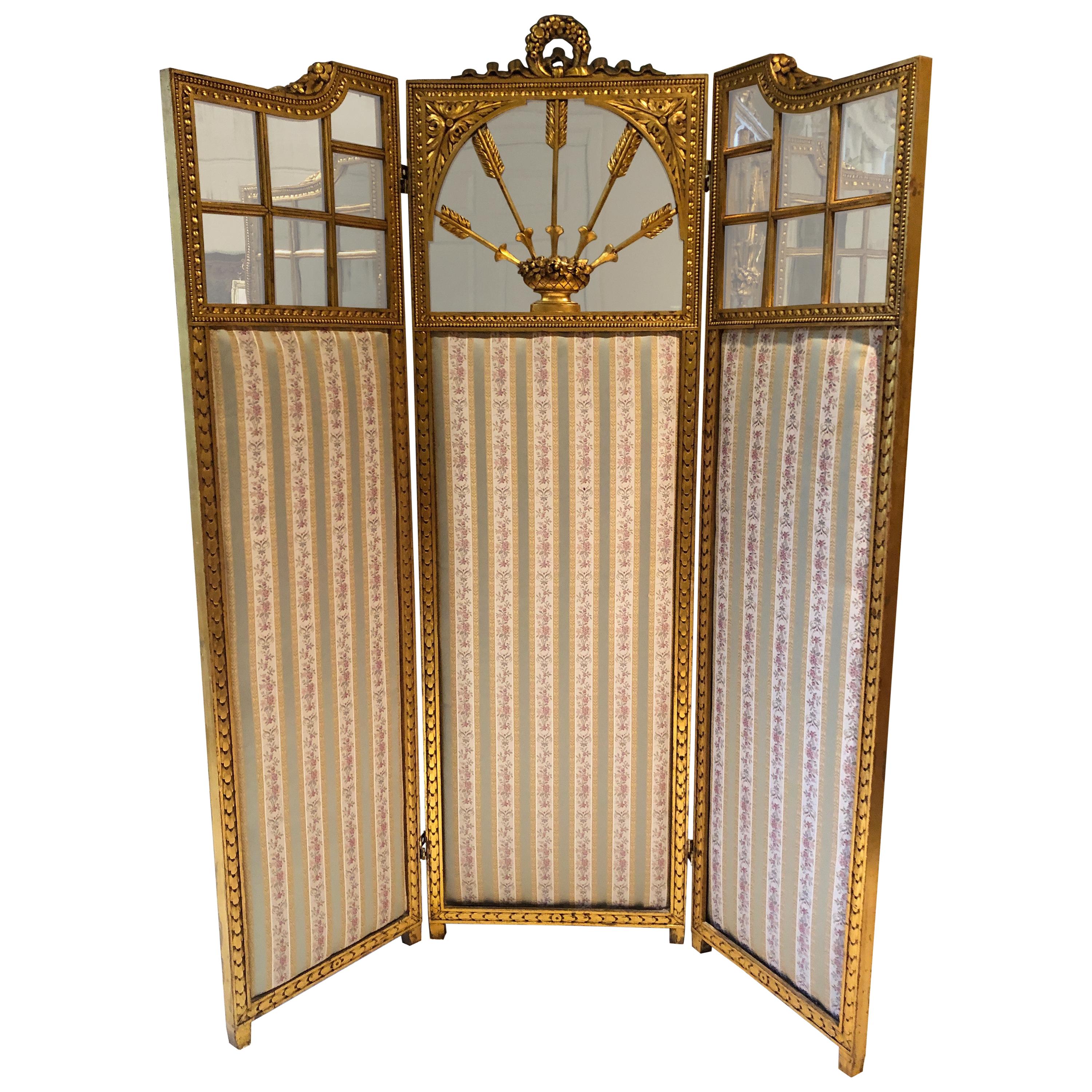 French Neoclassical Revival Giltwood Mirror and Upholstered 3-Panel Screen
