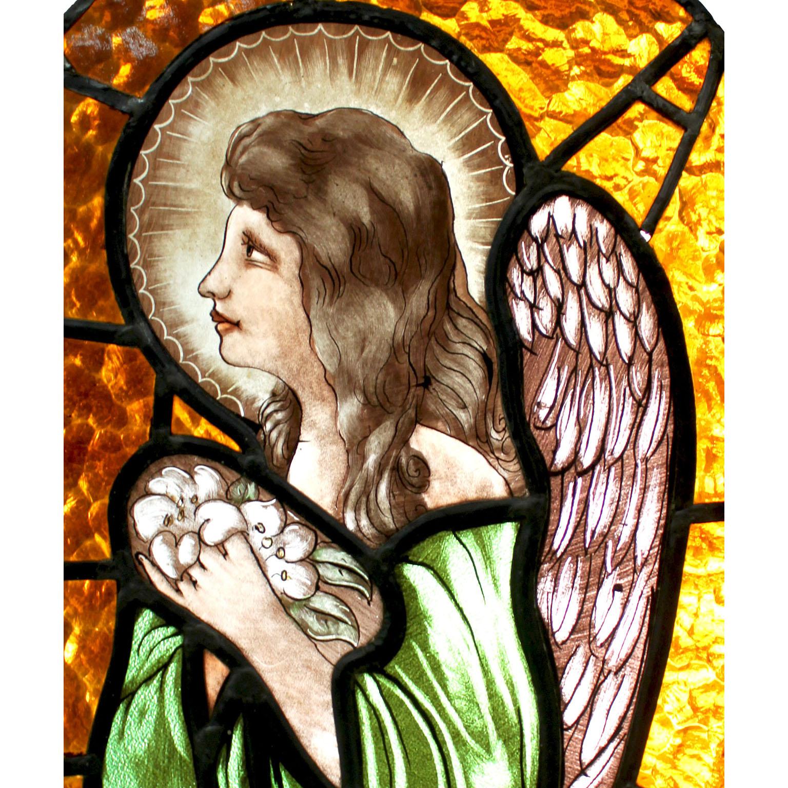 Renaissance Revival French Neoclassical Revival Style Stained Glass Panel Praying Angel or Cupid For Sale