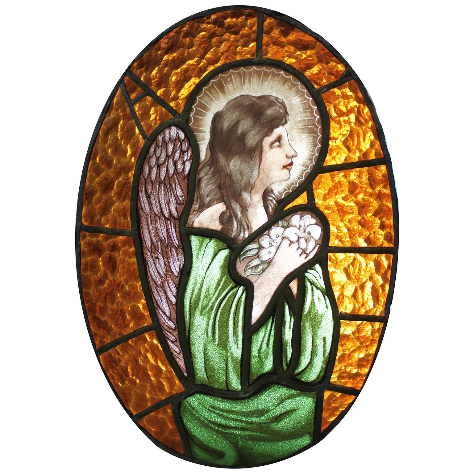 French Neoclassical Revival Style Stained Glass Panel Praying Angel or Cupid In Good Condition For Sale In Los Angeles, CA