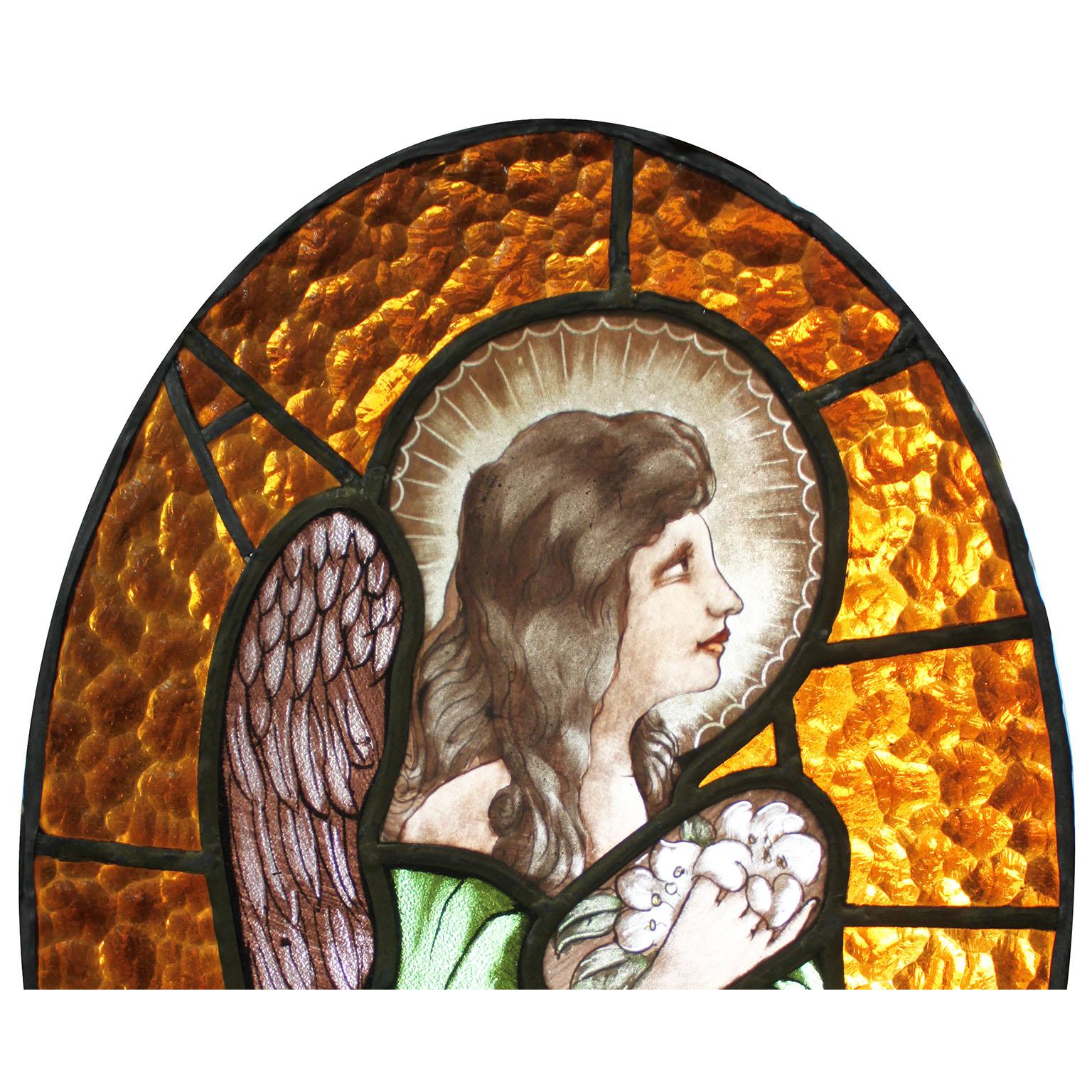 Early 20th Century French Neoclassical Revival Style Stained Glass Panel Praying Angel or Cupid For Sale