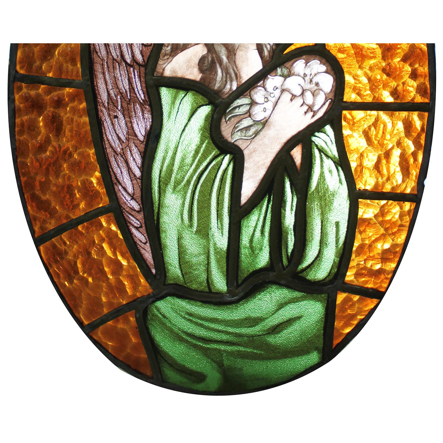 Art Glass French Neoclassical Revival Style Stained Glass Panel Praying Angel or Cupid For Sale