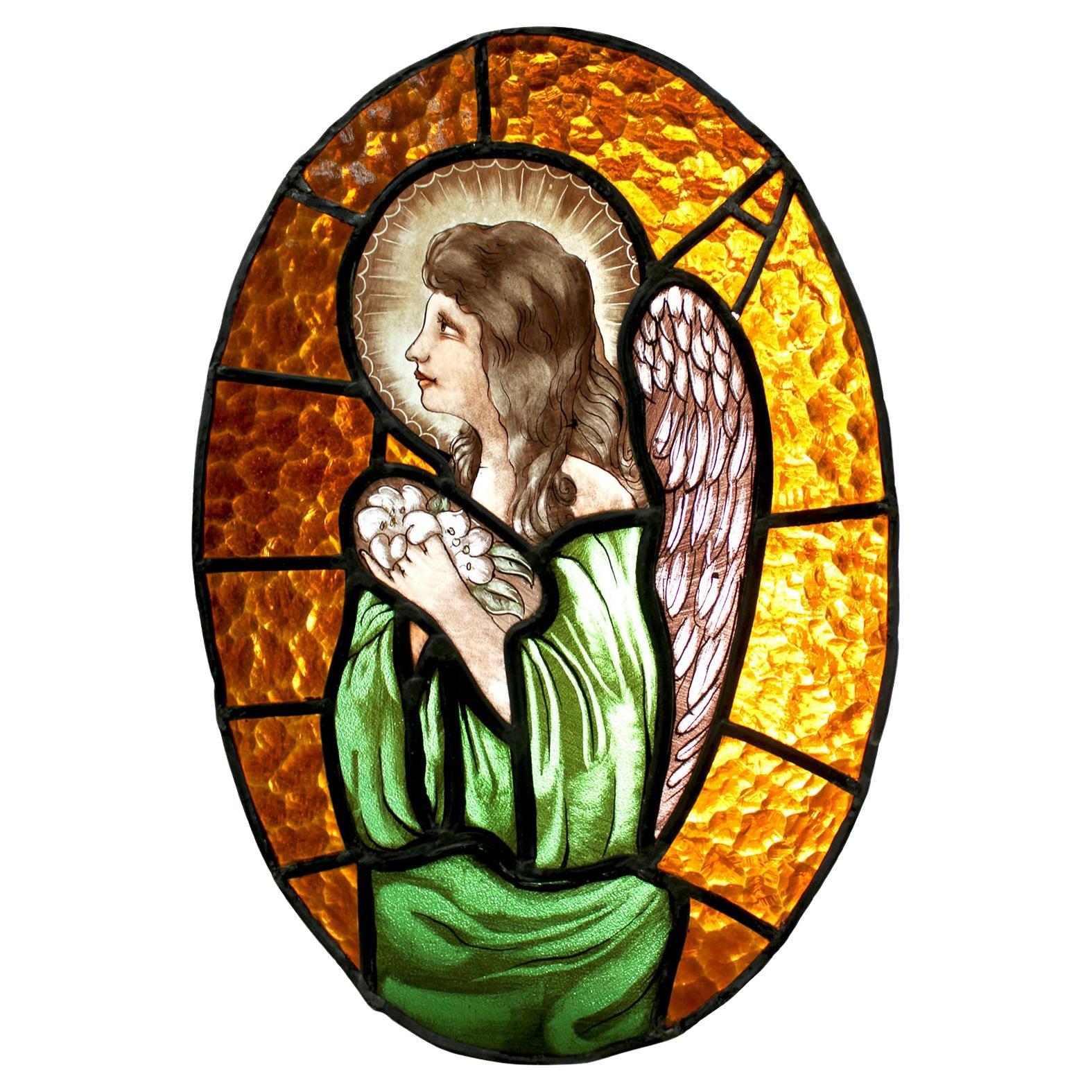 French Neoclassical Revival Style Stained Glass Panel Praying Angel or Cupid For Sale