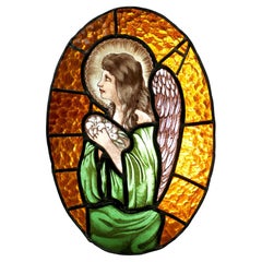 French Neoclassical Revival Style Stained Glass Panel Praying Angel or Cupid