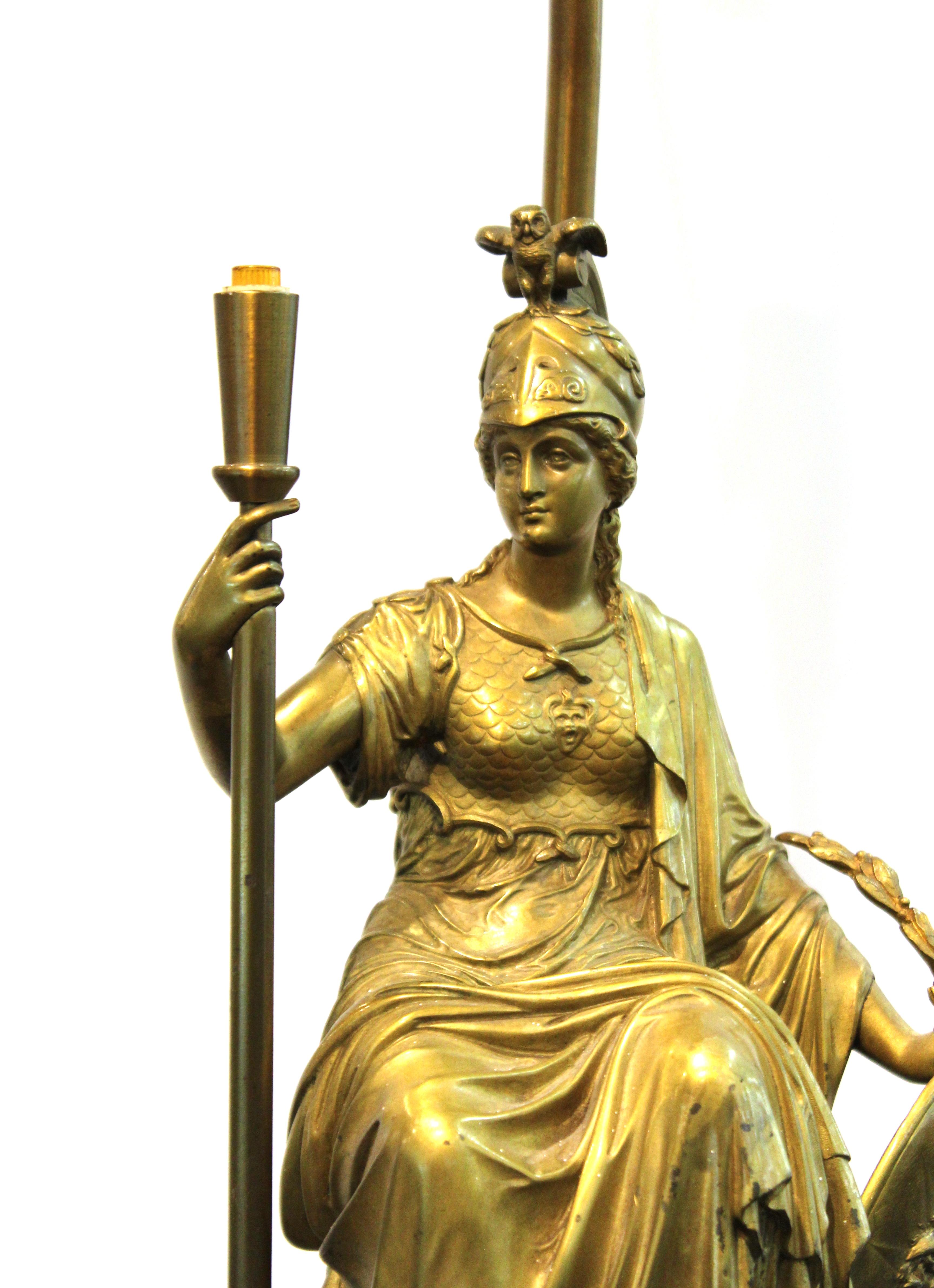 19th Century French Neoclassical Revival Style Table Lamp With Seated Bronze Athena Sculpture