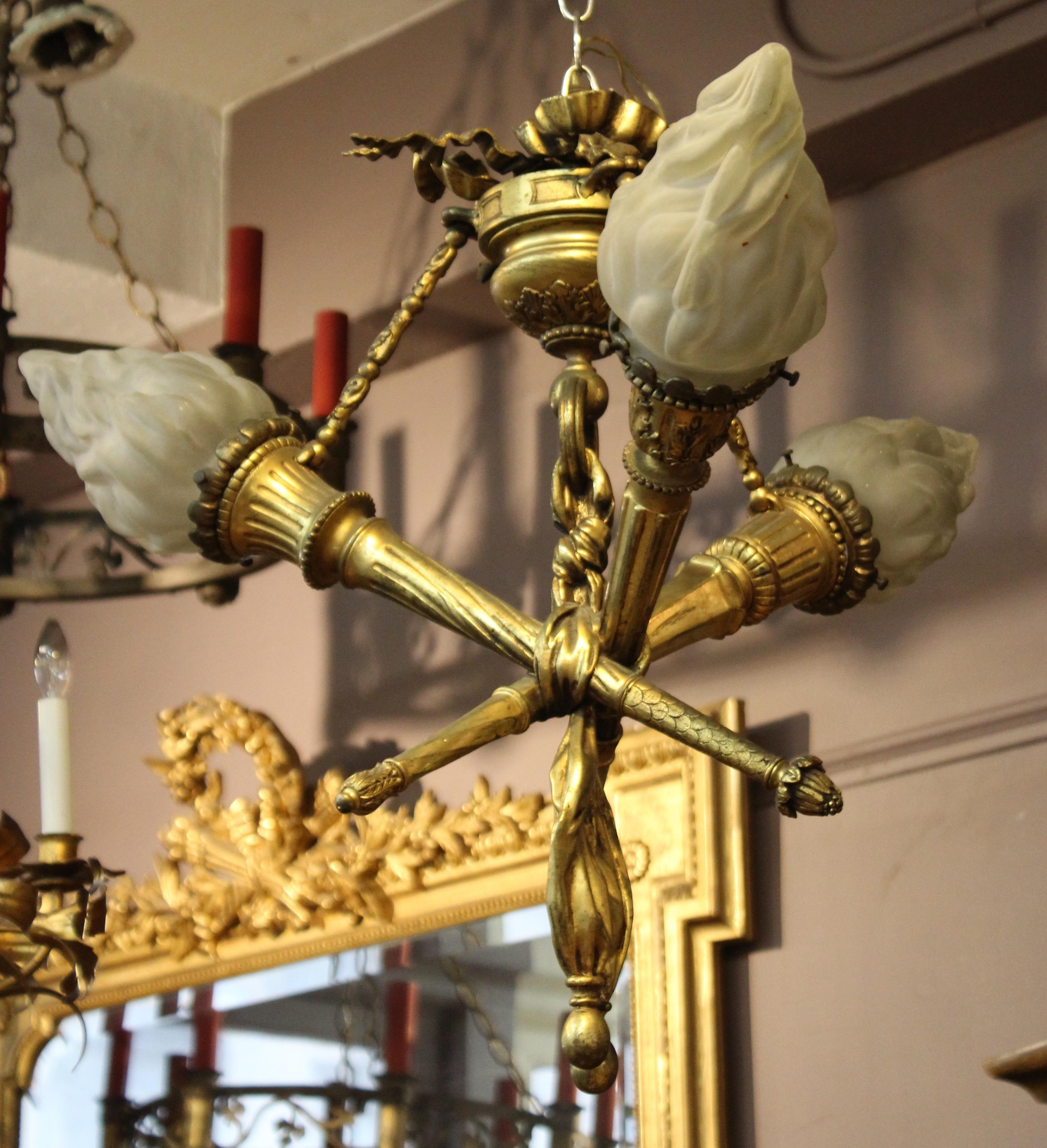 French Neoclassical Revival Triple-Torch Gilt Bronze Pendant In Good Condition In New York, NY