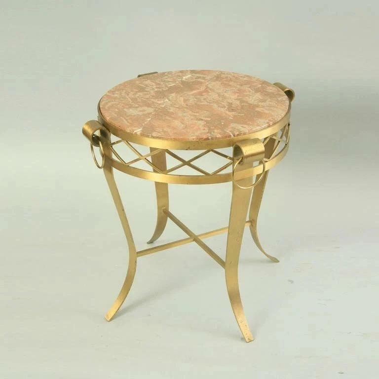 High Quality Vintage French Neoclassical Style Round Rouge Marble Top Bronze Gueridon Occasional Side Table. Circa Late 20th Century. Measurements: 27