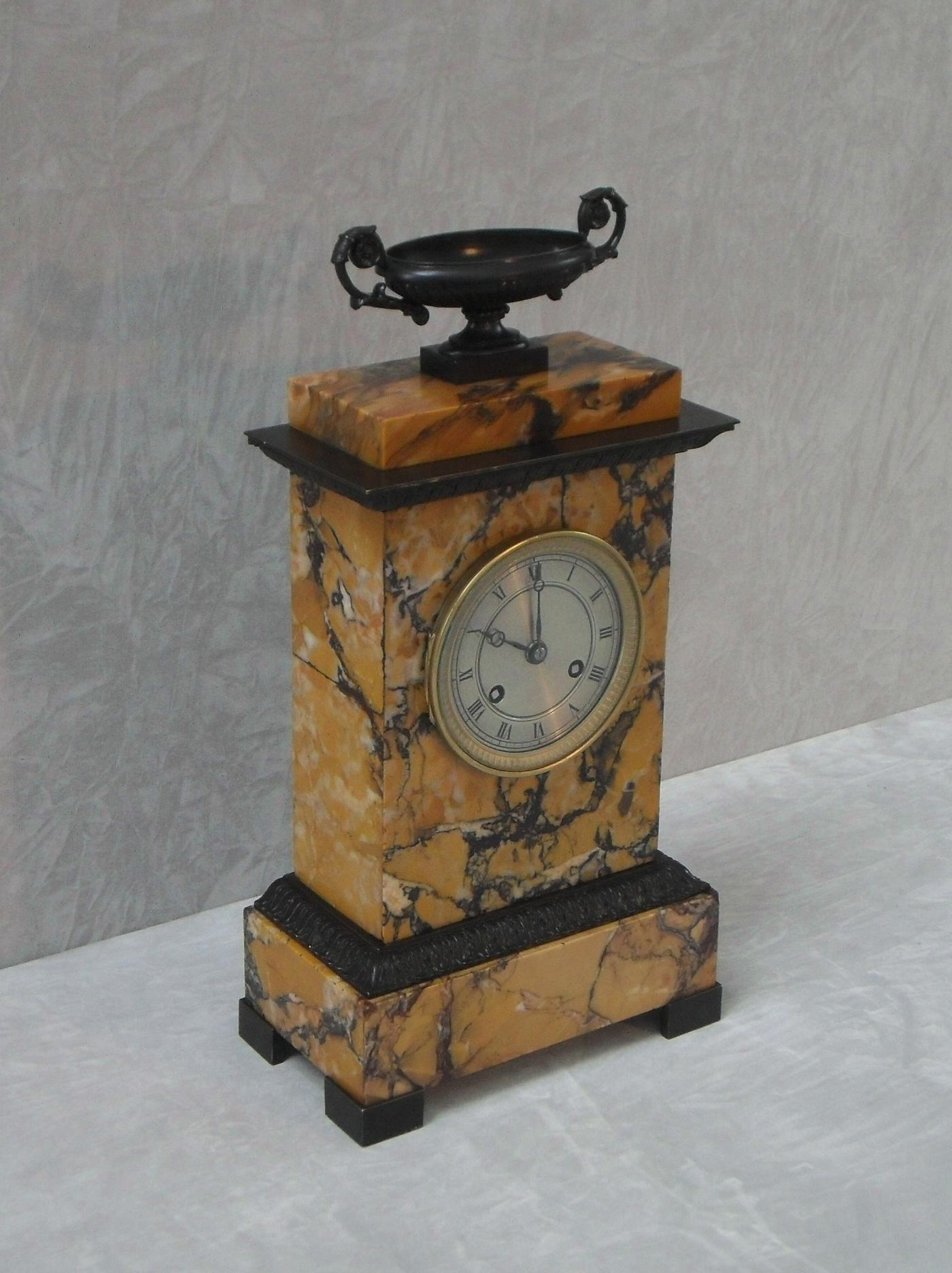 French Neoclassical Sienna Marble and Bronze Mantel Clock 2
