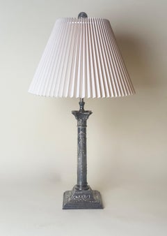 French Neoclassical Silvered Metal Column Table Lamp with Pleated Shade