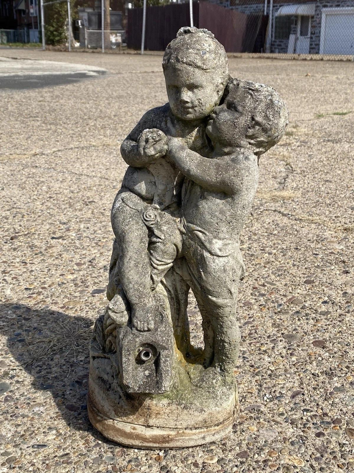 French Neoclassical Small Concrete Figural Cherub Garden Statue Water Fountain For Sale 8