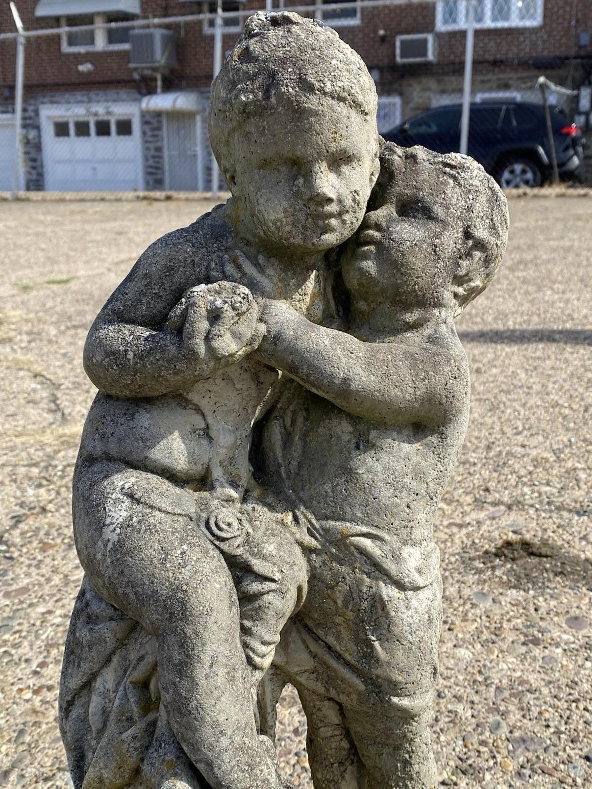 French Neoclassical Small Concrete Figural Cherub Garden Statue Water Fountain In Good Condition For Sale In Philadelphia, PA