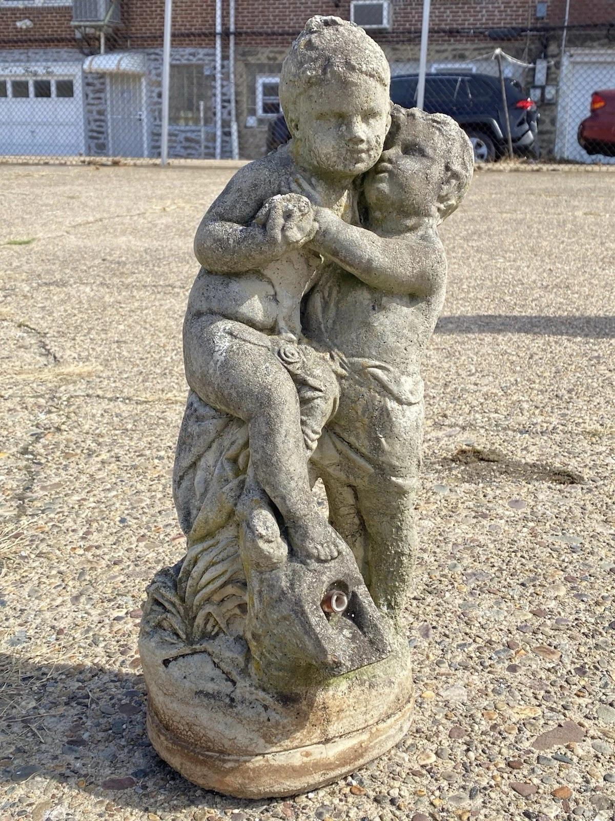 French Neoclassical Small Concrete Figural Cherub Garden Statue Water Fountain For Sale 4