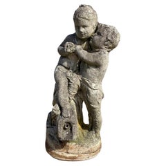 French Neoclassical Small Concrete Figural Cherub Garden Statue Water Fountain