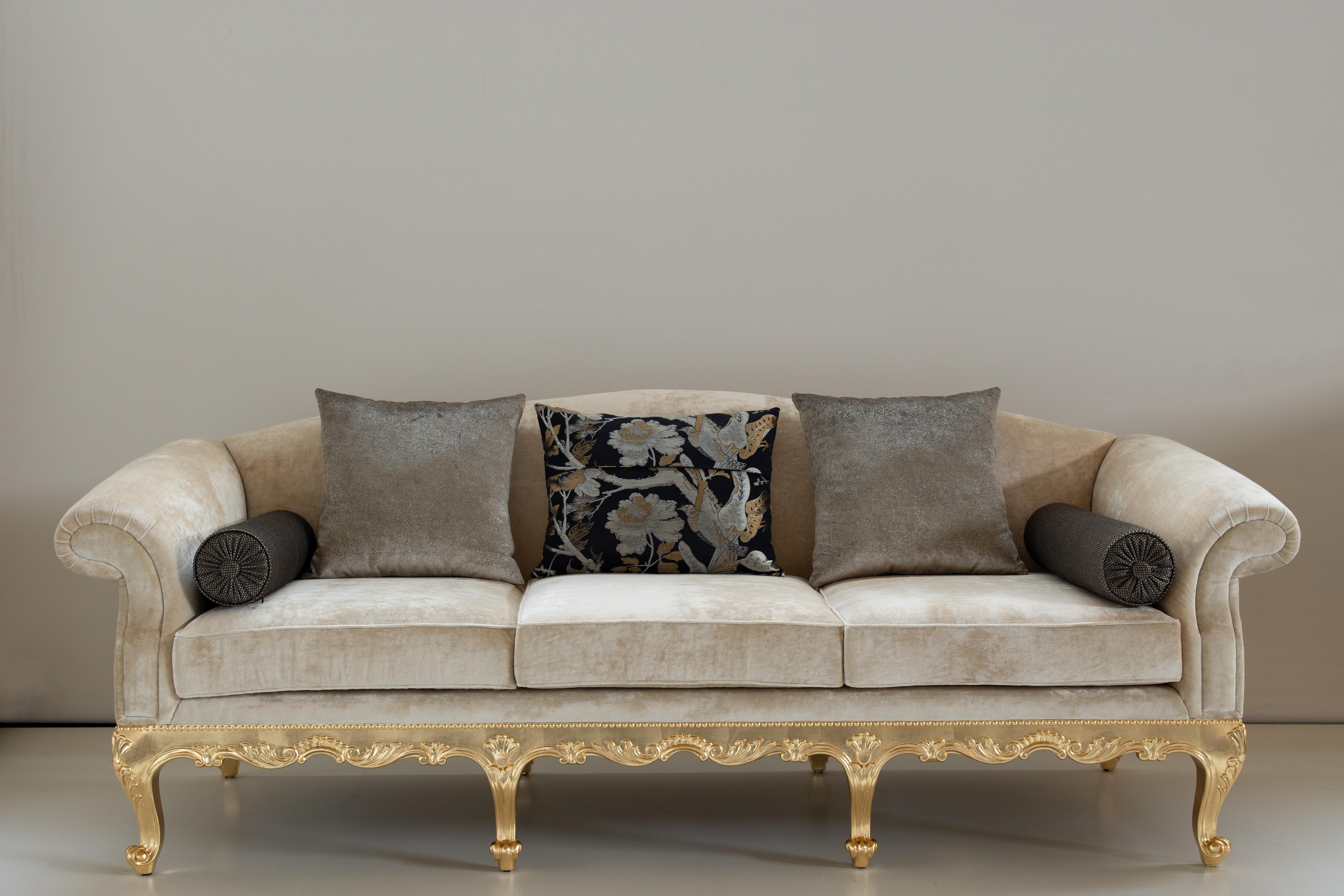 Sofa Dormeuse, Neoclassical Collection, Handcrafted in Portugal - Europe by GF Modern.

The sofa Dormeuse adds a sophisticated and refined touch to any living area. The sofa is upholstered in bronze an beige velvet with gold leaf details, exuding