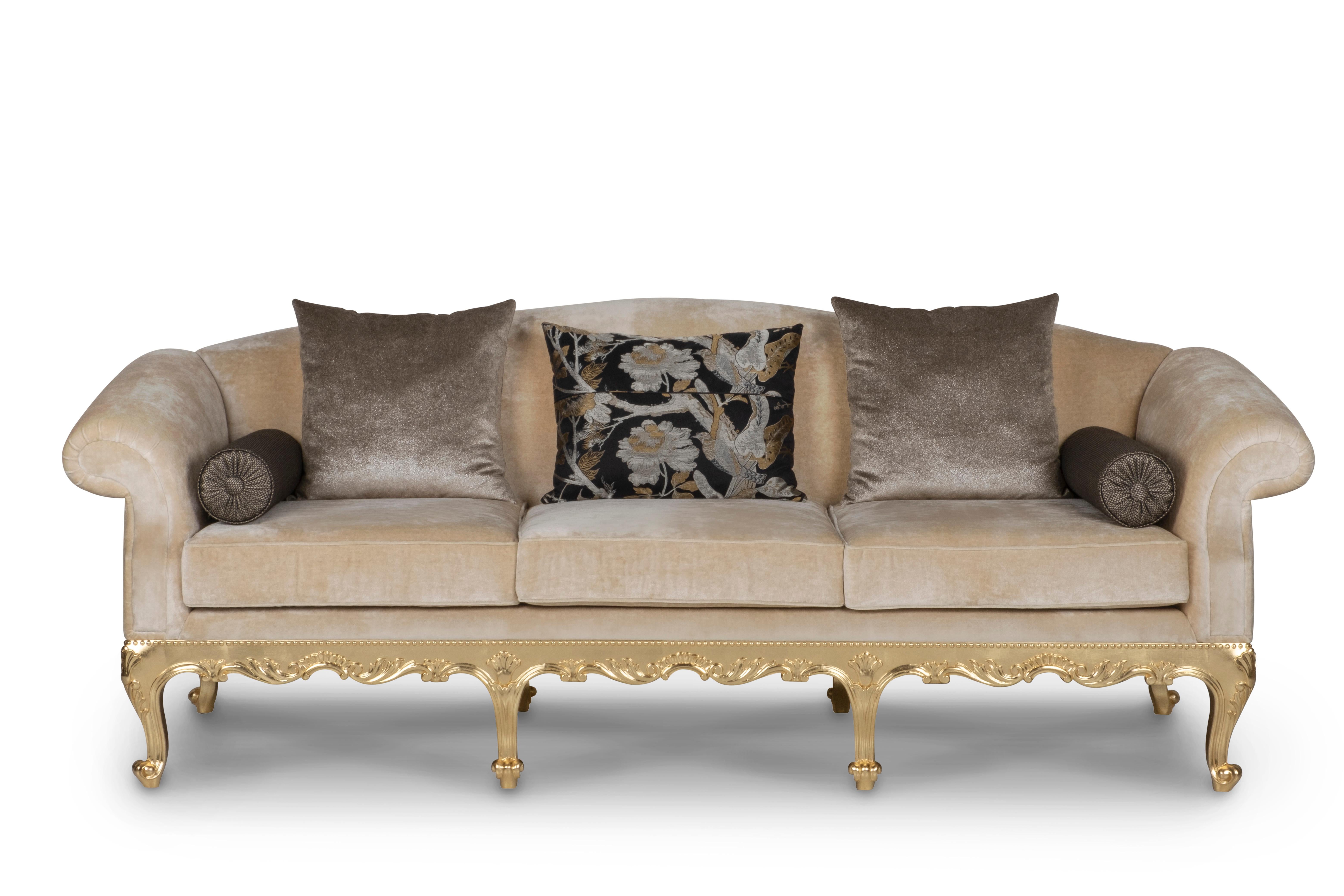 Sofa Dormeuse, Neoclassical Collection, Handcrafted in Portugal - Europe by GF Modern.

The sofa Dormeuse adds a sophisticated and refined touch to any living area. The sofa is upholstered in bronze an beige velvet with gold leaf details, exuding