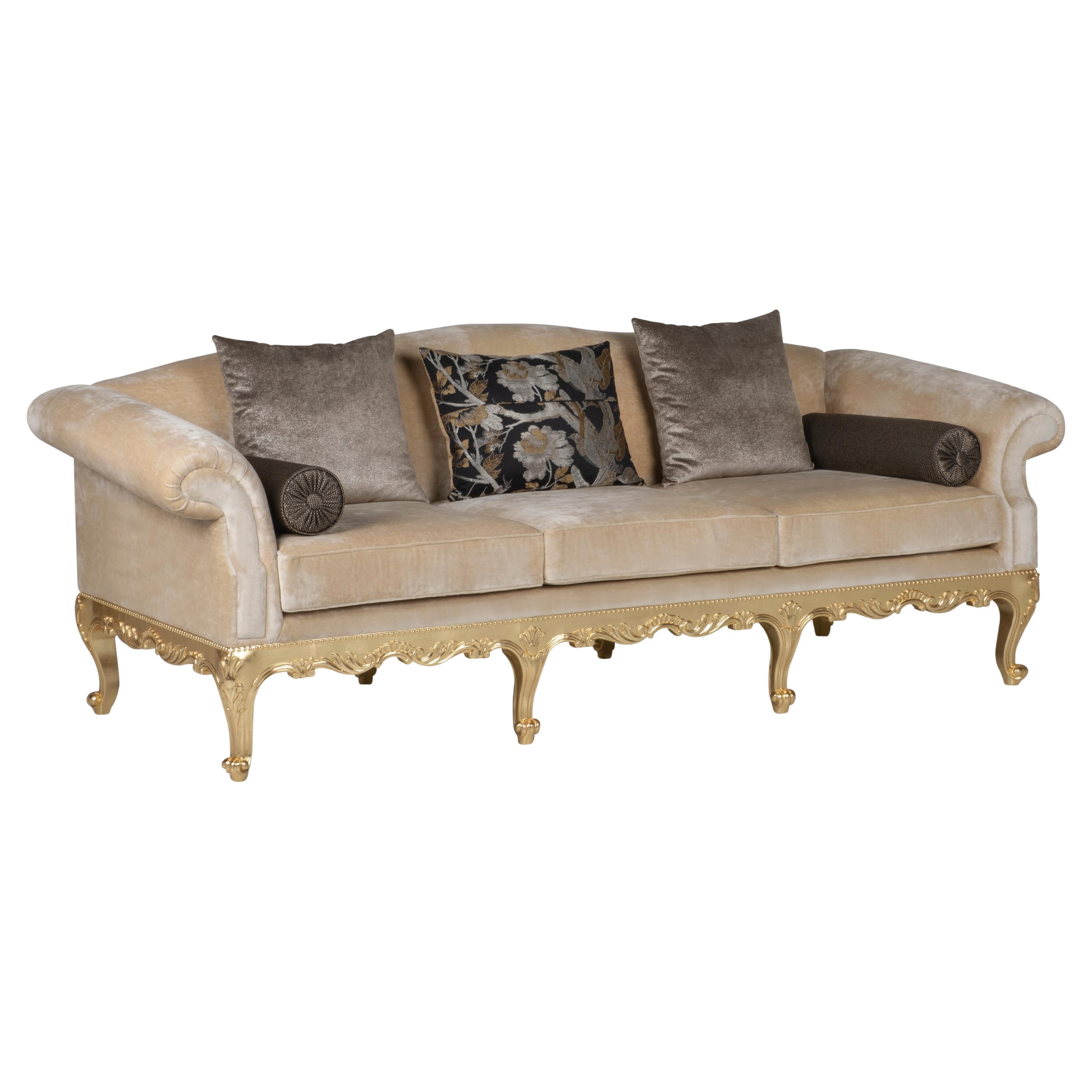 French Neoclassical Sofa Dormeuse Jacquard Champagne Handmade Portugal For Sale