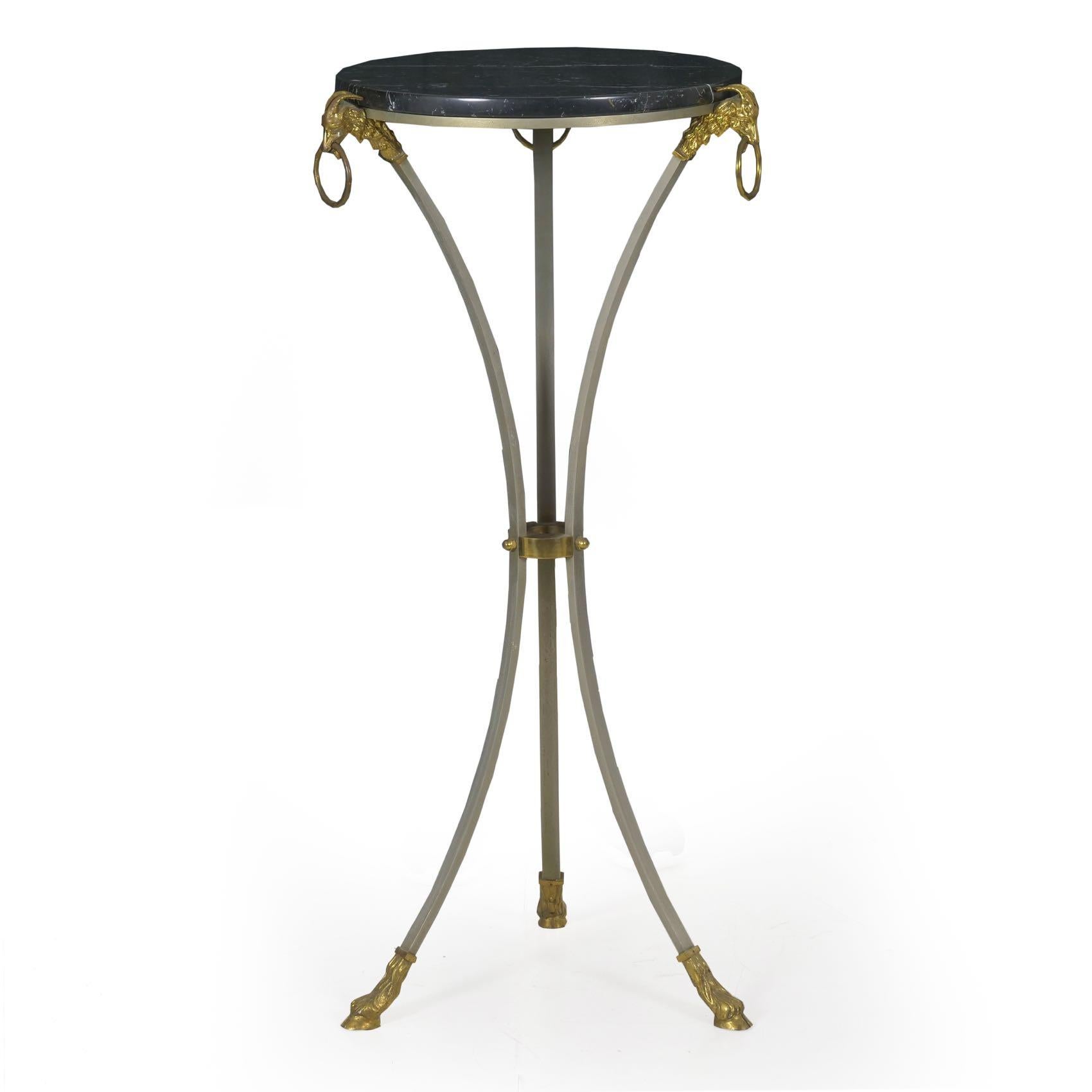 FRENCH NEOCLASSICAL STEEL, BRASS AND MARBLE ACCENT TABLE
Manner of Maison Jansen, circa mid 20th century
Item # 905WGQ20P 

A sleek and striking accent table, the height allows it to function both as a plant stand or as a pedestal as well. The rich