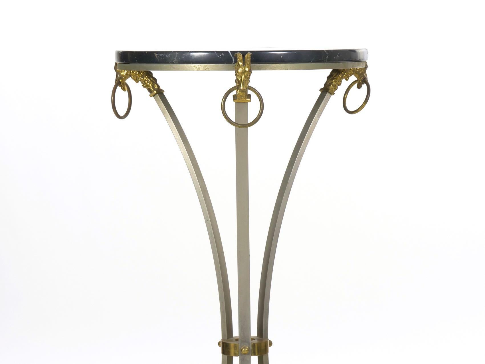20th Century French Neoclassical Steel and Brass Antique Accent Table in Maison Jansen Style For Sale