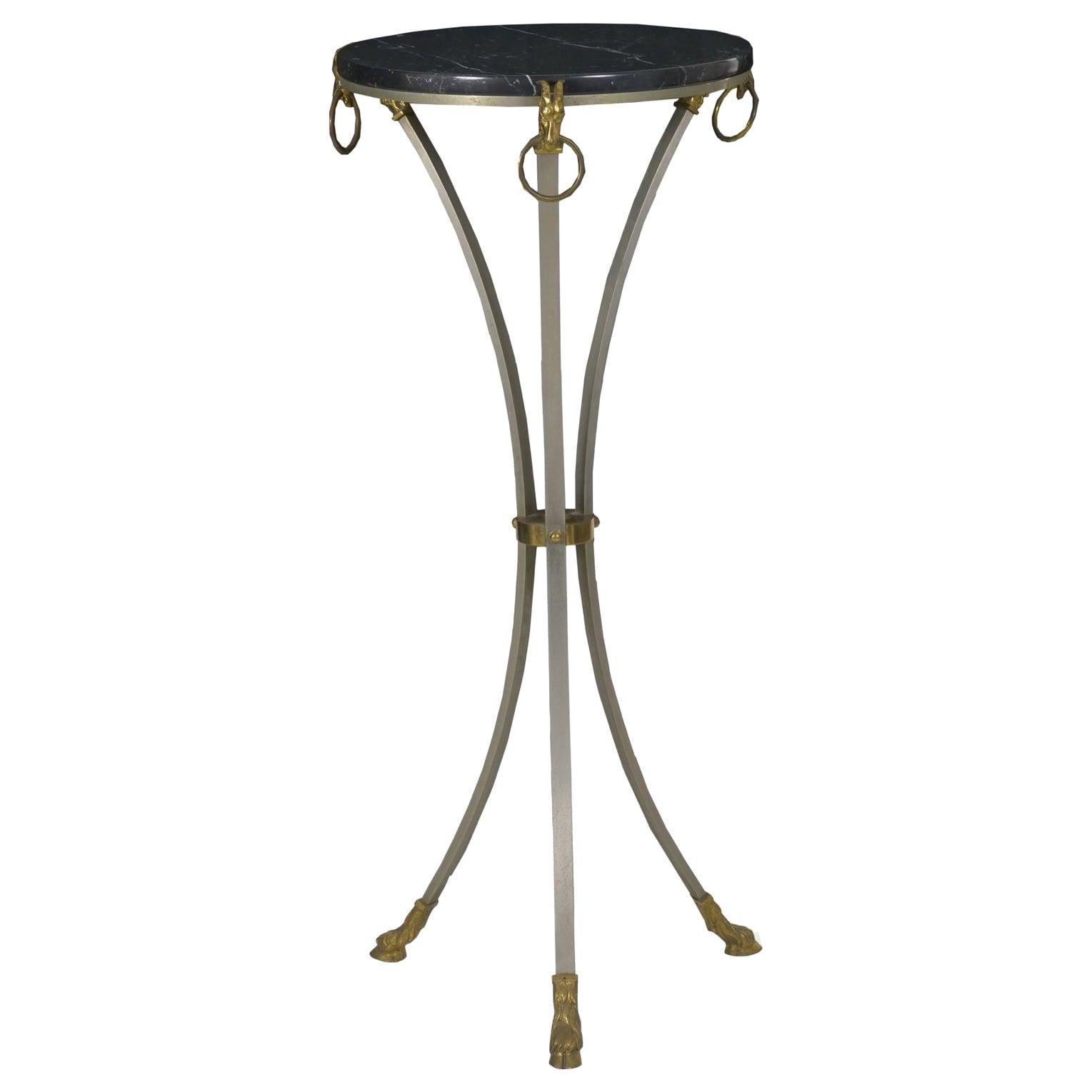 French Neoclassical Steel and Brass Antique Accent Table in Maison Jansen Style